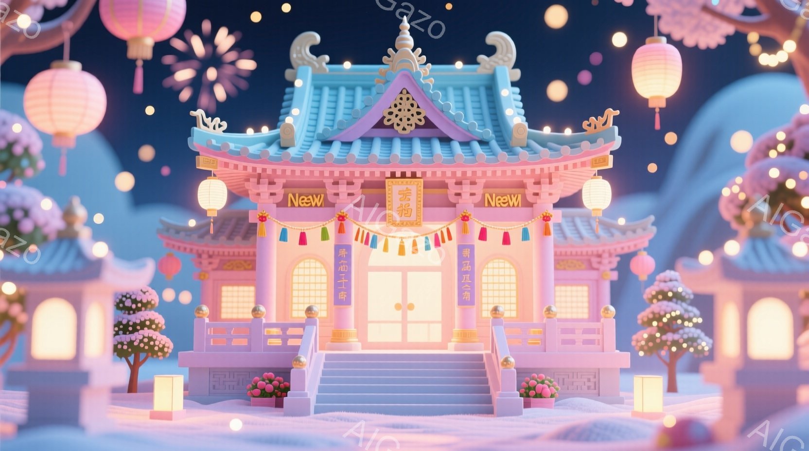 ピンク色の中国風の建物が雪景色の中にあります。建物は可愛らしいデザインで、屋根は曲線的で装飾が施されており、赤い提灯が建物両脇に吊るされています。背景には雪の結晶が舞い、全体的に幻想的で温かい雰囲気が - AI生成フリー素材