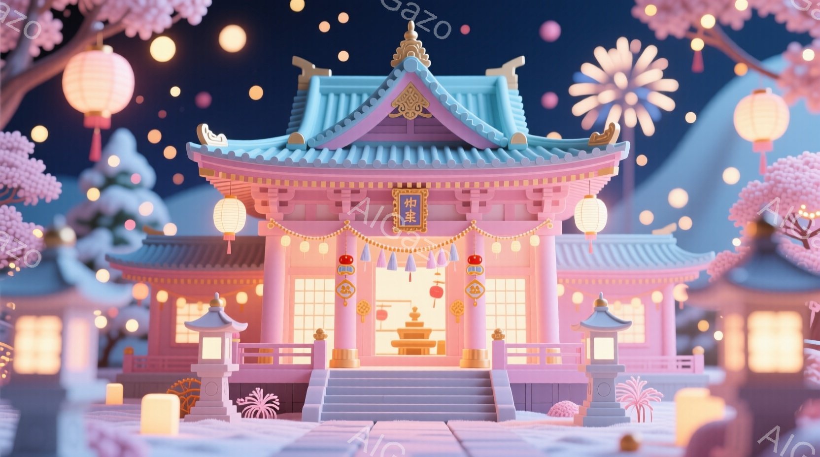 淡いピンク色の神社が夜空の下に佇んでおり、周囲は桜の花びらが舞う幻想的な空間です。建物の屋根は曲線的で優美であり、提灯や桜の装飾が祭りの雰囲気を高めています。全体的に柔らかい光が差し込み、温かく穏やかな雰囲気を醸し出しています。