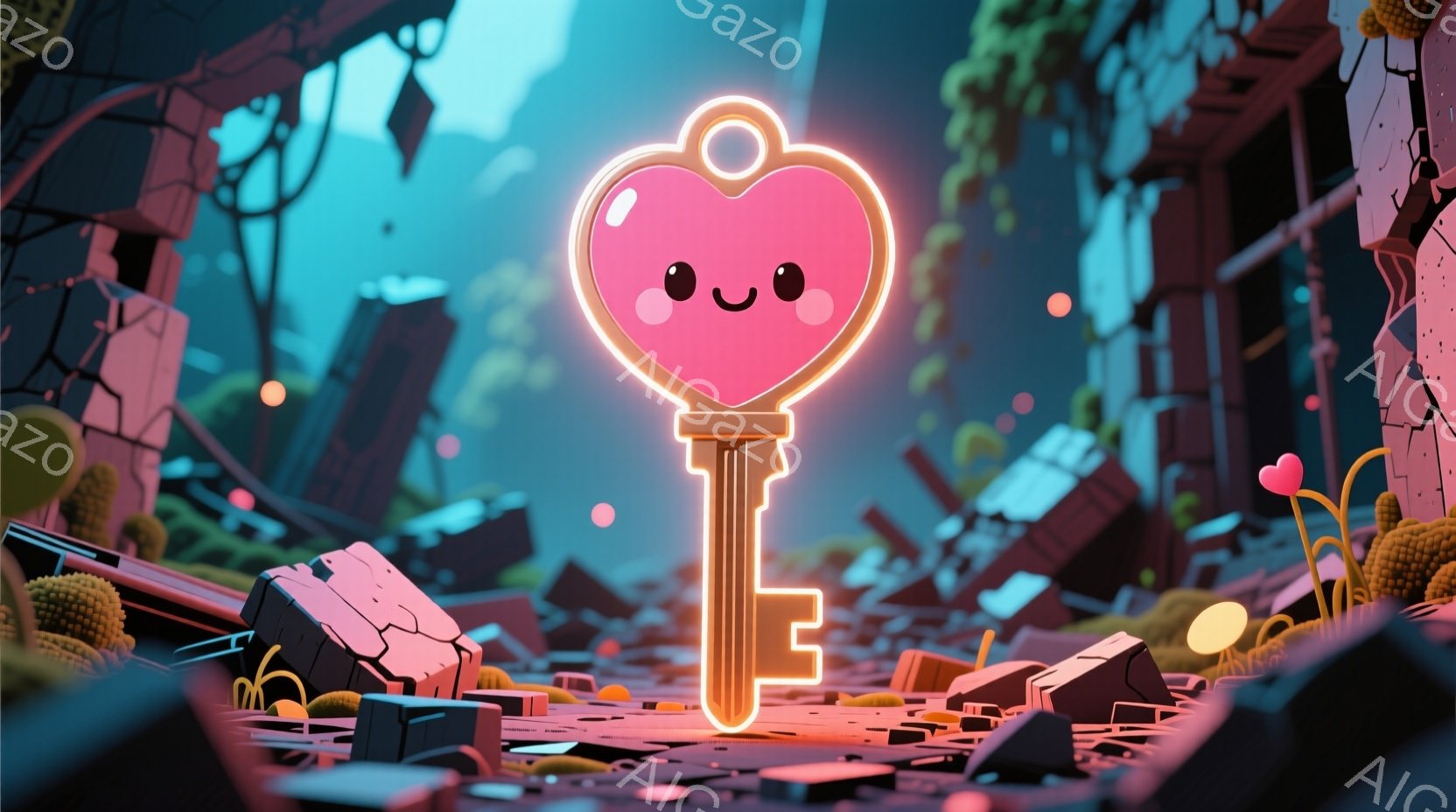鮮やかなピンク色の、ハートの形をした鍵が、崩れかけた都市のような背景に浮かび上がっています。周囲には瓦礫や破片が散らばり、かすかに緑色の植物が生えています。全体的に、少し不気味ながらも愛らしい、夢のような雰囲気が漂っています。