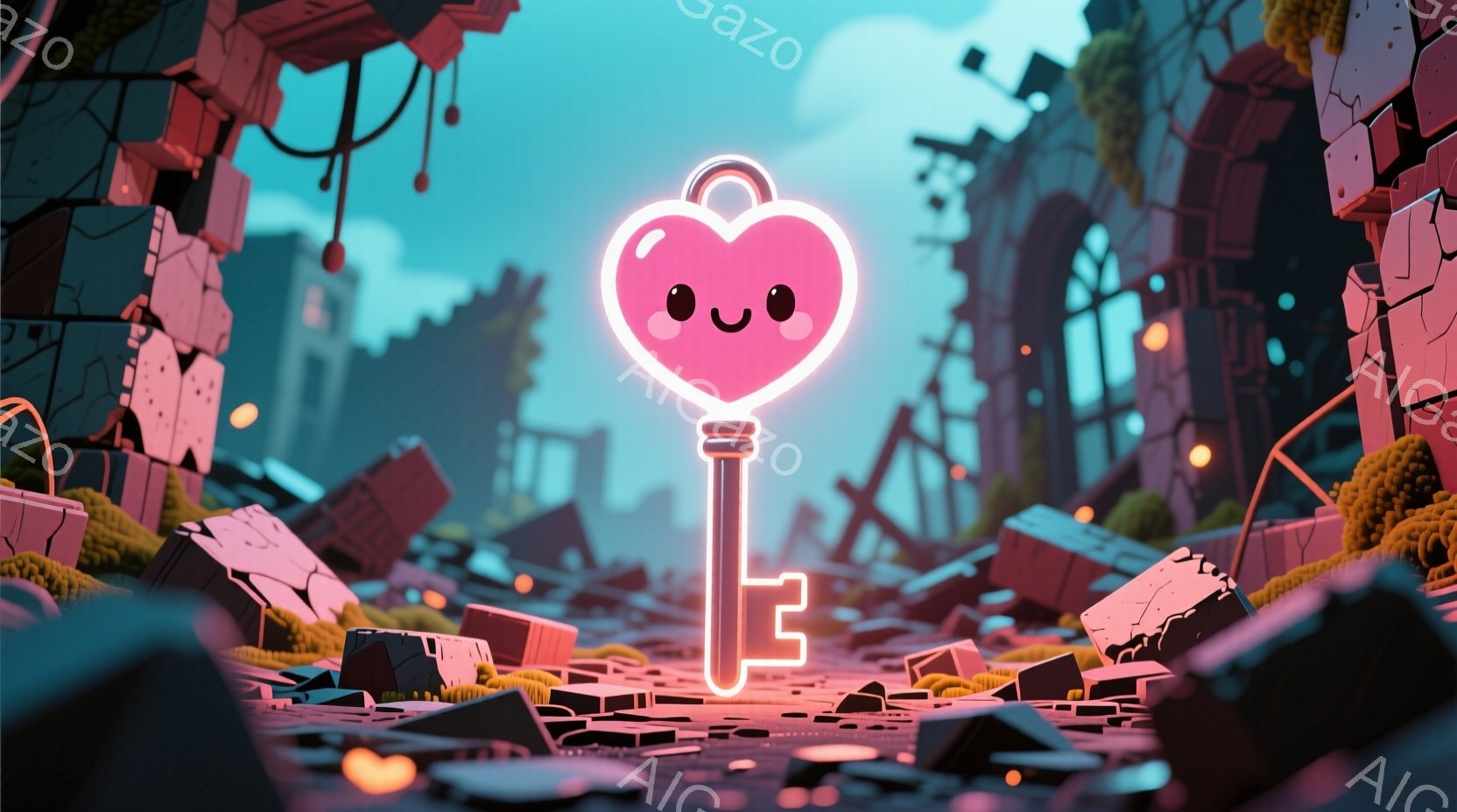 鮮やかなピンクとオレンジ色の破片が散乱する荒廃した風景の中に、心臓のような形をした光るピンク色の鍵が浮かび上がっています。背景には、崩れかけた建造物や奇妙な形の植物が見られ、空は明るい水色で、どこか夢幻的な雰囲気があります。鍵には可愛らしい笑顔が描かれており、周囲の荒廃とは対照的に、希望や可能性を象徴しているように見えます。