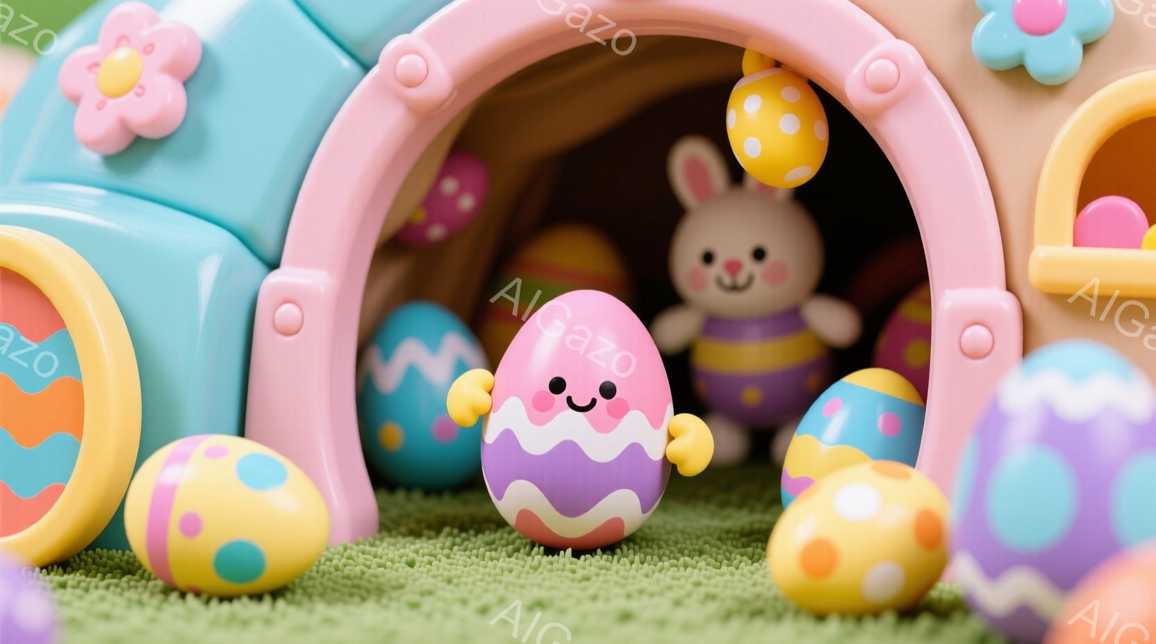 カラフルなイースターエッグたちが緑色の芝生の上に並び、ピンク色の可愛らしい卵のキャラクターが一番前に立っています。背景にはパステルカラーの建物があり、その中に白いウサギの人形が見えます。全体的に明るく - AI生成フリー素材