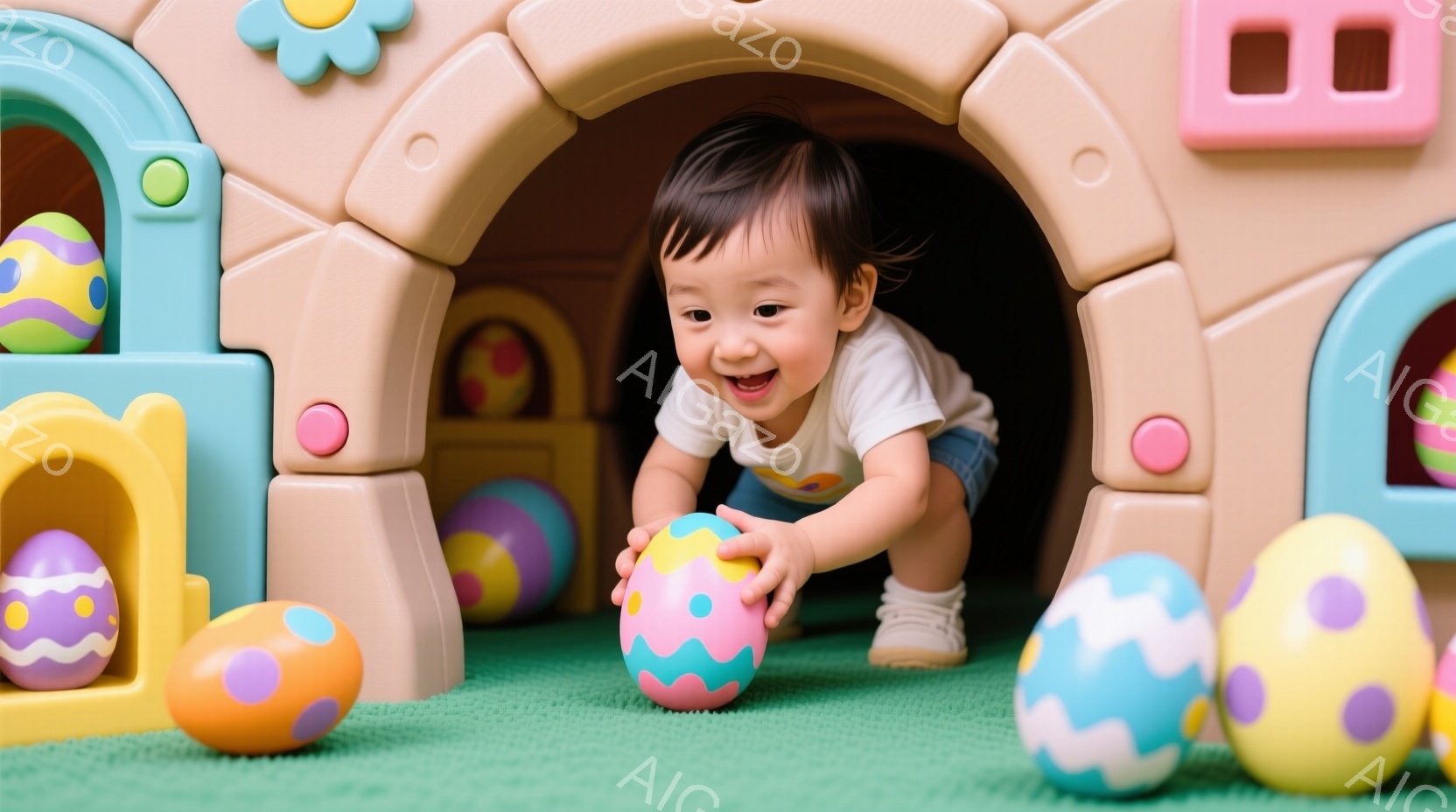 赤ちゃんはカラフルなプレイハウスの中で、ピンクと水色の卵のおもちゃを抱えて笑顔で座っています。短い茶色の髪を持ち、白いTシャツとデニムのショーツを着用し、明るい緑色のカーペットの上で遊んでいます。背景 - AI生成フリー素材