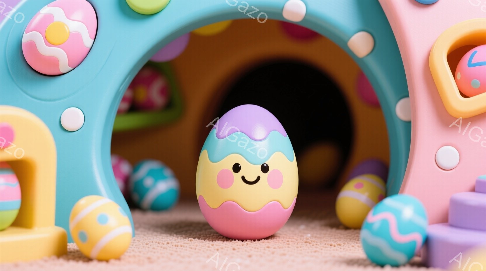 明るいピンクと水色のパステルカラーの卵のおもちゃが、遊具のトンネルの入り口付近に置かれています。卵には可愛らしい笑顔が描かれており、周囲には他のカラフルな卵のおもちゃが点在しています。全体的に、遊び心があり、春らしい、暖かい雰囲気を感じさせます。