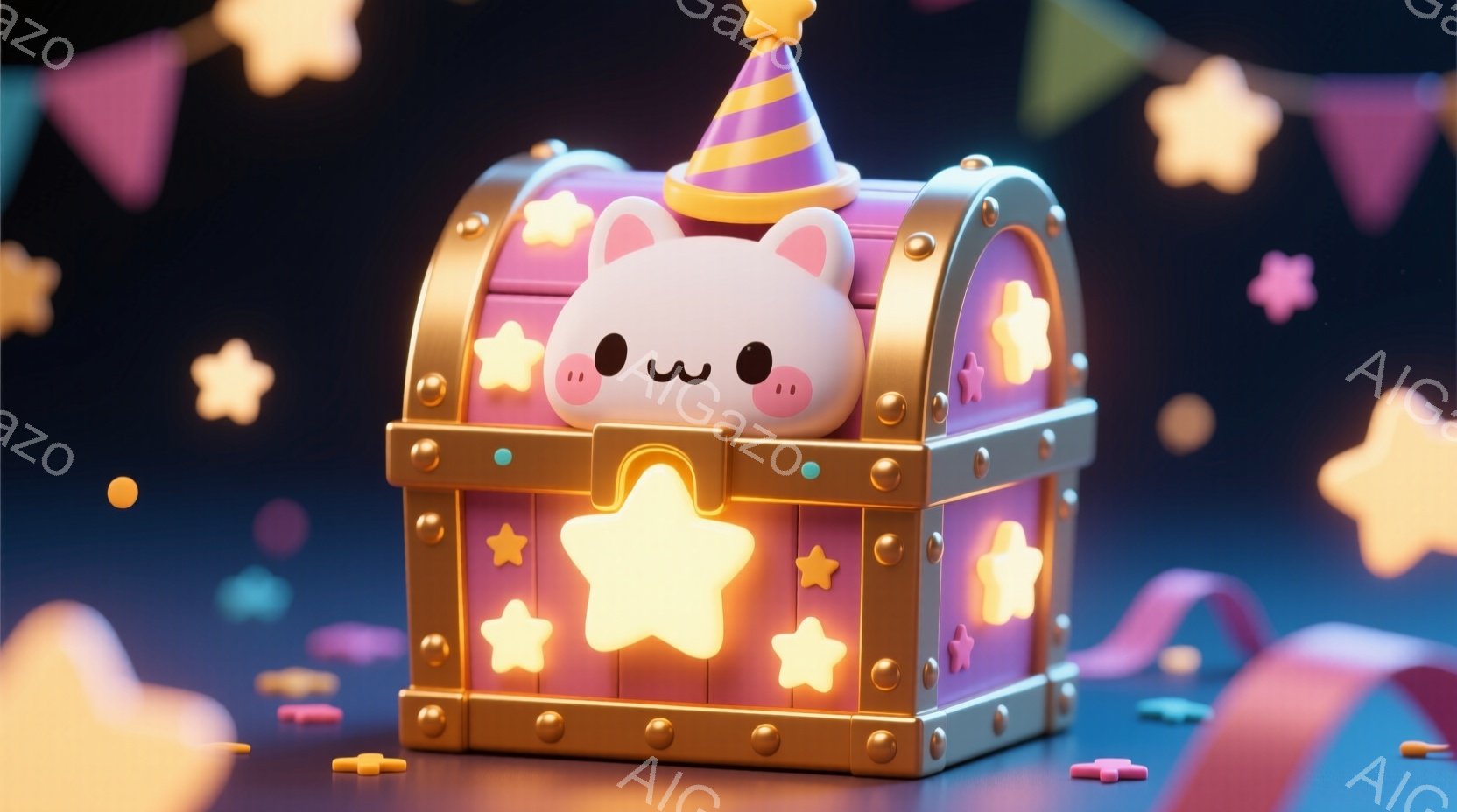 明るいピンク色の宝箱が、金色の装飾と留め金で飾られています。箱の上には、小さな白いウサギがパーティーハットをかぶり、微笑んでいます。背景には、様々な色の星や紙吹雪が散りばめられ、お祝いの雰囲気を醸し出しています。