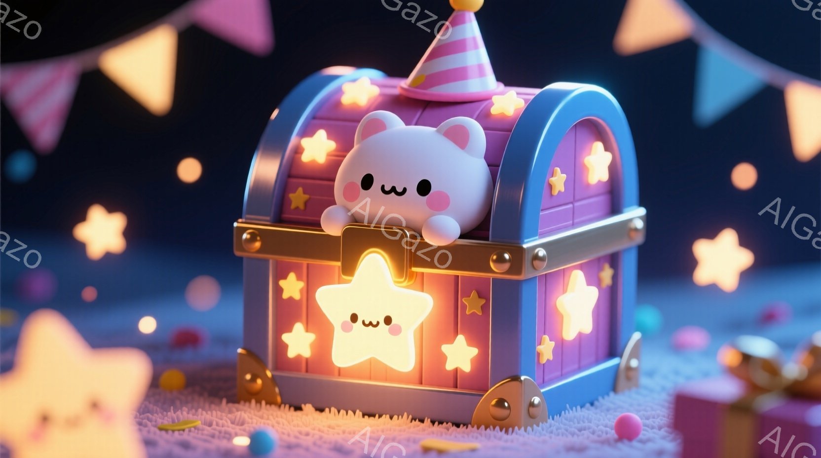 明るい青色の宝箱が、キラキラ光る星と可愛いウサギのキャラクターを内包しています。ウサギはピンク色の誕生日帽子をかぶり、明るい笑顔で箱の中から顔を覗かせており、星も同様に笑顔を浮かべています。背景は、ピンク色のフワフワした地面と、星や紙吹雪で満たされた夜空で、お祝いムードに満ちた夢のような雰囲気です。