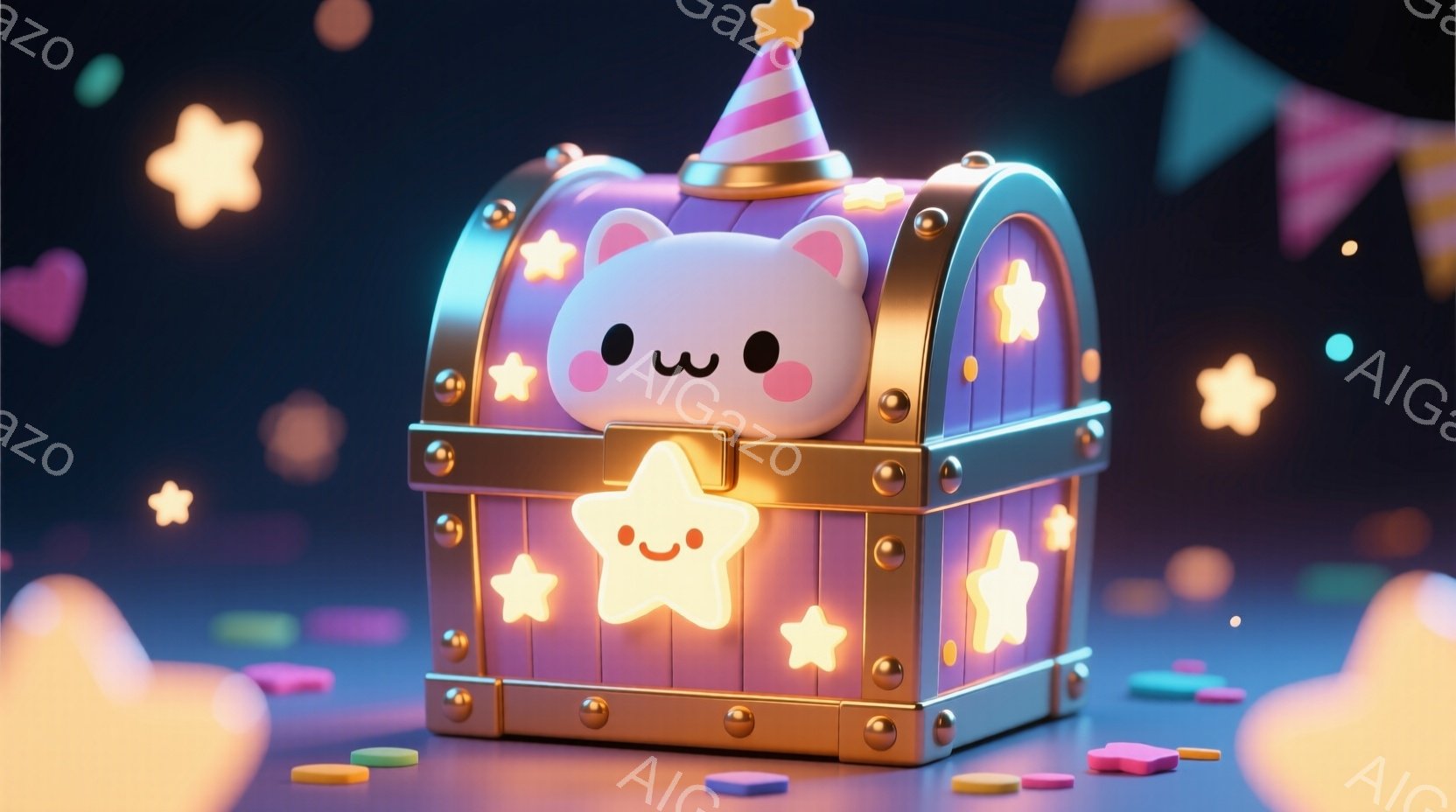明るい紫色の宝箱が、金色の装飾と留め金で飾られています。宝箱の前面には、笑顔の星と、かわいい顔をしたキャラクターが描かれており、頭にはお祝いの帽子をかぶっています。背景には、様々な色の紙片や星が散りばめられ、お祝いの楽しい雰囲気を演出しています。
