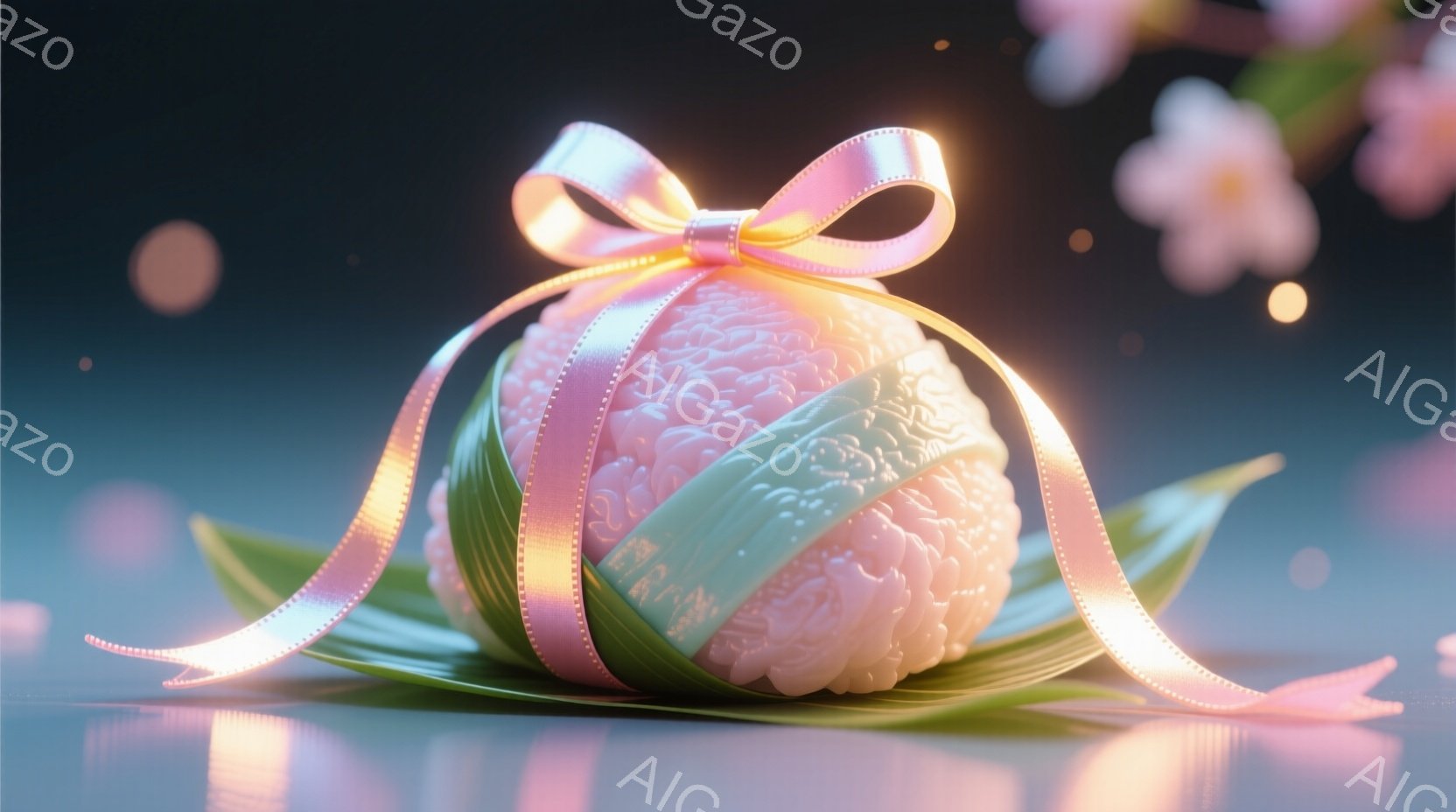 薄桃色の、脳の形をしたオブジェクトが、緑色の葉の上に置かれています。オブジェクトは細かい突起で覆われ、薄いピンクのリボンで飾り付けられています。背景は暗い青色で、ぼんやりとしたピンクの花びらと光の玉が散りばめられ、幻想的な雰囲気を醸し出しています。