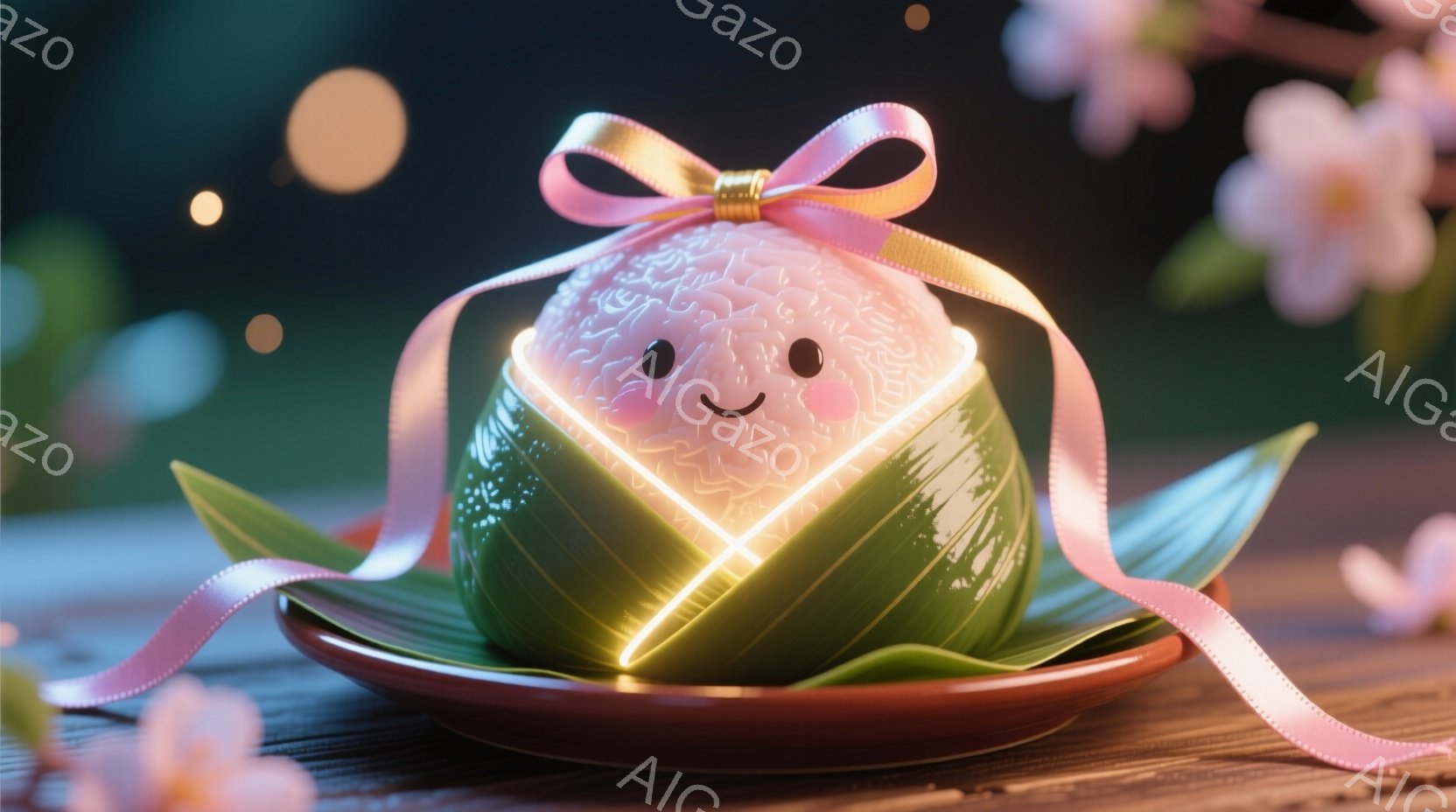 鮮やかな緑色の笹の葉で包まれた、可愛らしい菱餅が描かれています。菱餅はふっくらとしており、つぶつぶとした質感と優しい笑顔が特徴で、ピンクのリボンが可愛らしさを添えています。背景には、ぼやけた桜の花びらと光の粒子が散りばめられ、暖かく幻想的な雰囲気を醸し出しています。