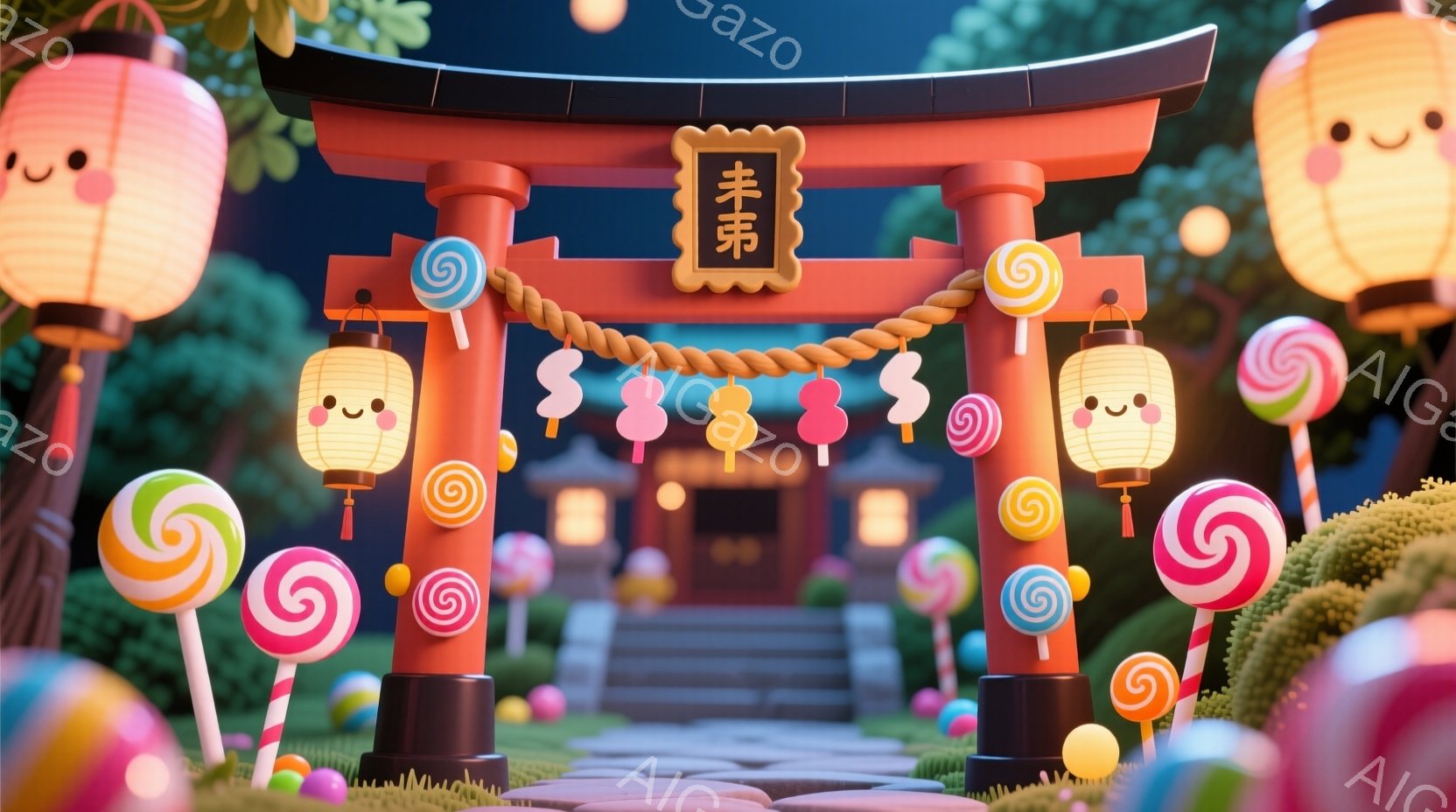 鮮やかな色合いのキャンディと提灯が並び、まるで夢のような空間が広がっています。鳥居には「寿」という漢字が書かれており、お祭りや祝い事を連想させます。背景には可愛らしい家々が見え、全体的に明るく楽しい雰囲気が漂っています。