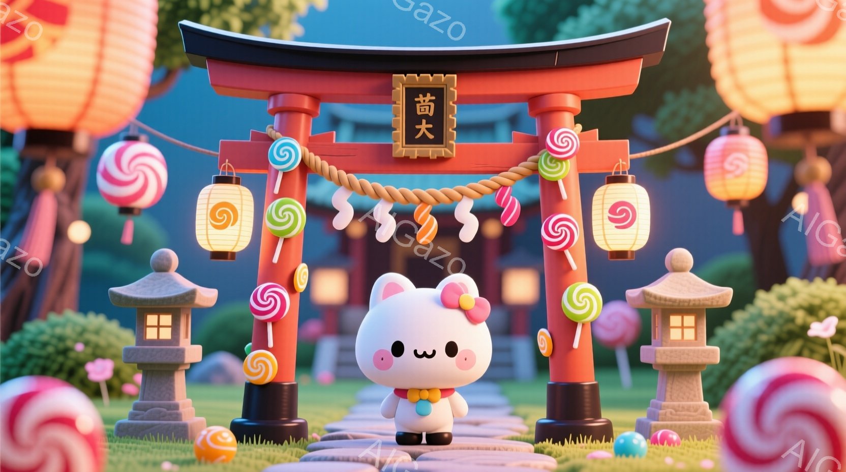 キティちゃんが赤い鳥居の前で立っているイラストです。白いシャツに赤いオーバーオールを着ており、可愛らしい笑顔を浮かべています。背景には緑豊かな草地、カラフルなキャンディ、そして柔らかな光が差し込む穏や - AI生成フリー素材