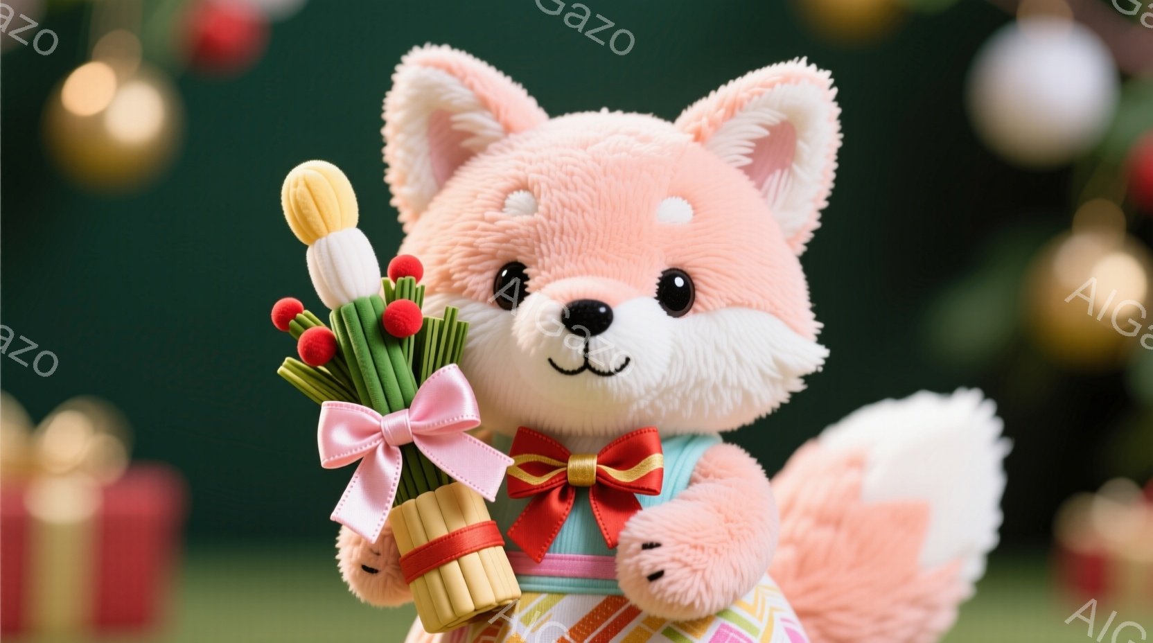 ふわふわのピンク色の狐が、緑と赤の装飾が施されたお正月らしい花束を抱えています。狐は緑色の縁取りのあるクリーム色の着物を着ており、赤いリボンで可愛らしく飾られています。背景には、プレゼントボックスと装飾されたクリスマスツリーが見え、温かくお祝いムードに包まれています。