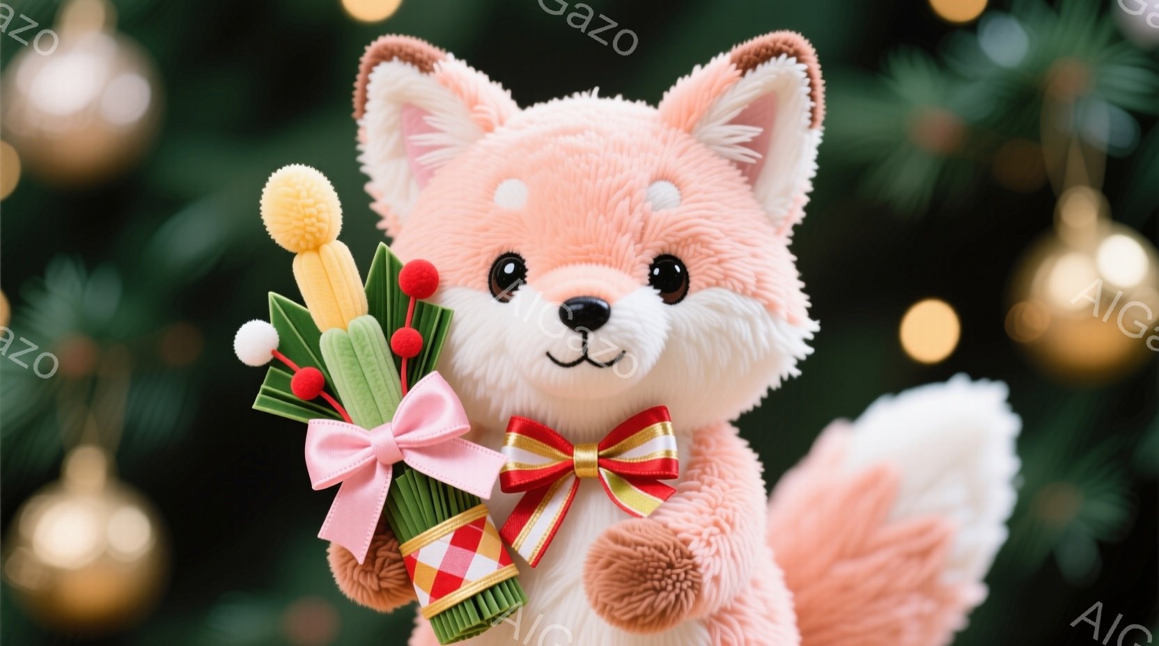 明るいピンク色のふわふわしたキツネのぬいぐるみです。赤いリボンと金の縁取りが施された、可愛らしい蝶ネクタイをつけています。左手には、ピンクのリボンで飾られた緑の植物の束（おそらく新年のお祝いの飾り）を - AI生成フリー素材