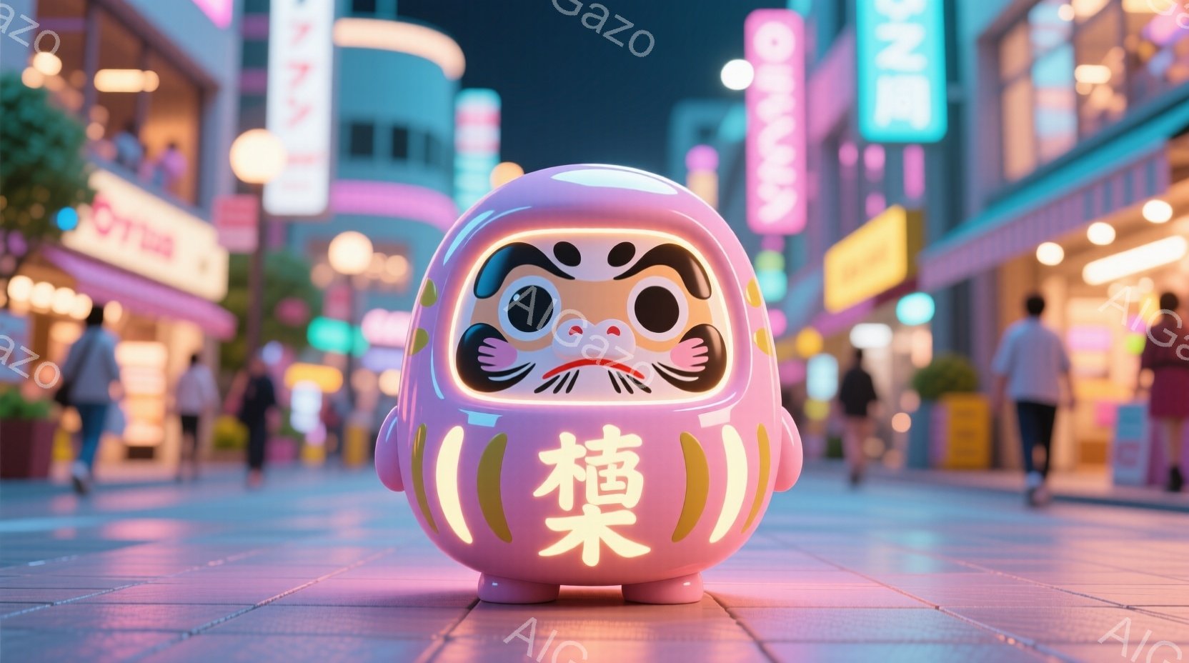 濡れた路面に、ピンク色の招き猫が置かれている。背景には、ネオンが輝く商店街が広がり、人々が歩いている様子が見える。全体的に幻想的で、どこか懐かしい雰囲気の夜の街並みが表現されている。