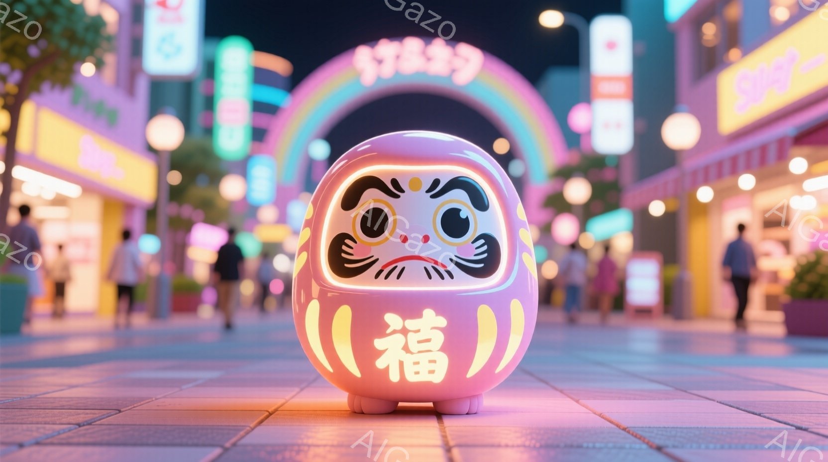 賑やかな夜の街並みを背景に、可愛らしいピンク色のダルマの人形が中央に配置されています。ダルマは「福」という文字が書かれており、丸い体に小さな手足が付いています。背景には、ネオンライトが輝く店舗や歩行者がぼやけており、活気のあるお祭りのような雰囲気が漂っています。