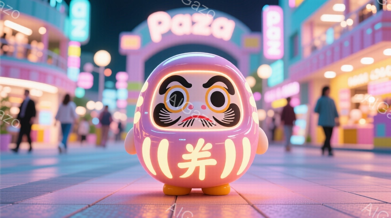 鮮やかなピンク色の背景に、可愛らしい達磨の人形が中央に配置されています。背景にはぼやけた人々の姿と、ネオンサインが輝く賑やかな商店街が広がっています。全体的に、カラフルで活気があり、お祭りやイベントのような華やかな雰囲気が漂っています。