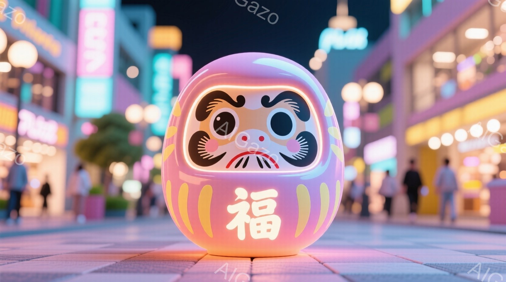 夜の街並みを背景に、大きなダルマの人形が写っています。ダルマはピンク色で、「福」という漢字が書かれており、少し悲しげな表情をしています。背景には、ぼやけた人々とネオンライトが輝く建物が広がり、賑やかでありながらどこか幻想的な雰囲気を醸し出しています。