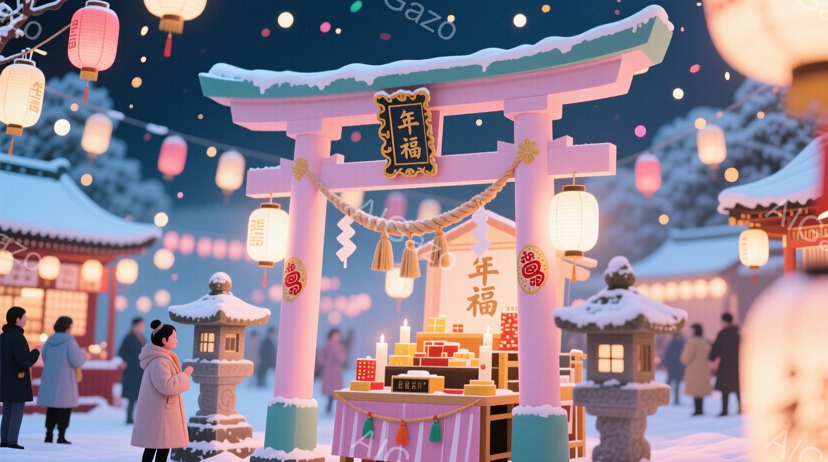 雪が降る夜の神社の一角が描かれています。人々は暖かい冬のコートを着ており、お参りや屋台を楽しむ様子が伺えます。背景には雪景色の中に灯りが灯る伝統的な建物が並び、全体的に温かく幻想的な雰囲気を醸し出して - AI生成フリー素材