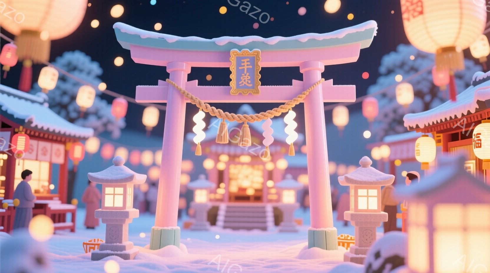 雪景色の中に鳥居と屋台が並ぶ、幻想的な光景です。人々は伝統的な着物を身につけ、穏やかな表情で楽しんでいます。背景には雪に覆われた建物と提灯が並び、全体的に暖かく、お祭りらしい雰囲気が漂っています。 - AI生成フリー素材