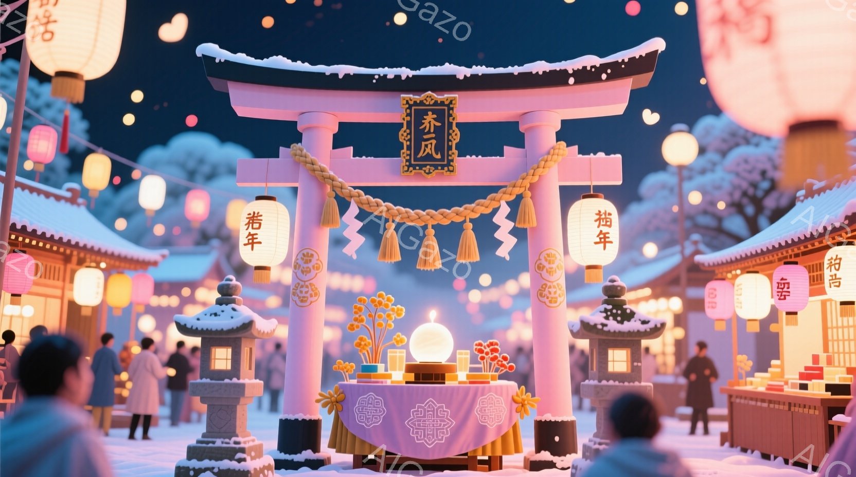 雪景色の中に鳥居と小さな町並みが描かれています。人々は冬らしいコートを着て、暖かい光に照らされた屋台の周りに集まり、楽しんでいる様子です。背景には雪に覆われた建物と木々が広がり、幻想的な冬の祭りの雰囲 - AI生成フリー素材