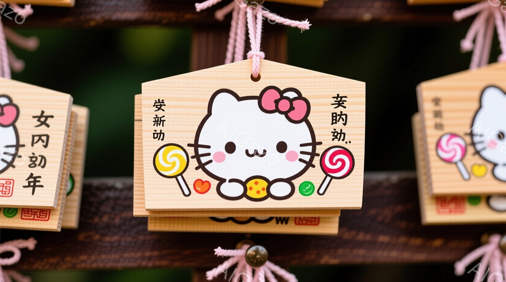 木の板に描かれたハローキティが中央に配置されています。キティはピンクのリボンをつけており、大きな目で微笑んでいます。背景には、同様の装飾品がいくつか見え、ピンク色の紐で結ばれて吊るされています。