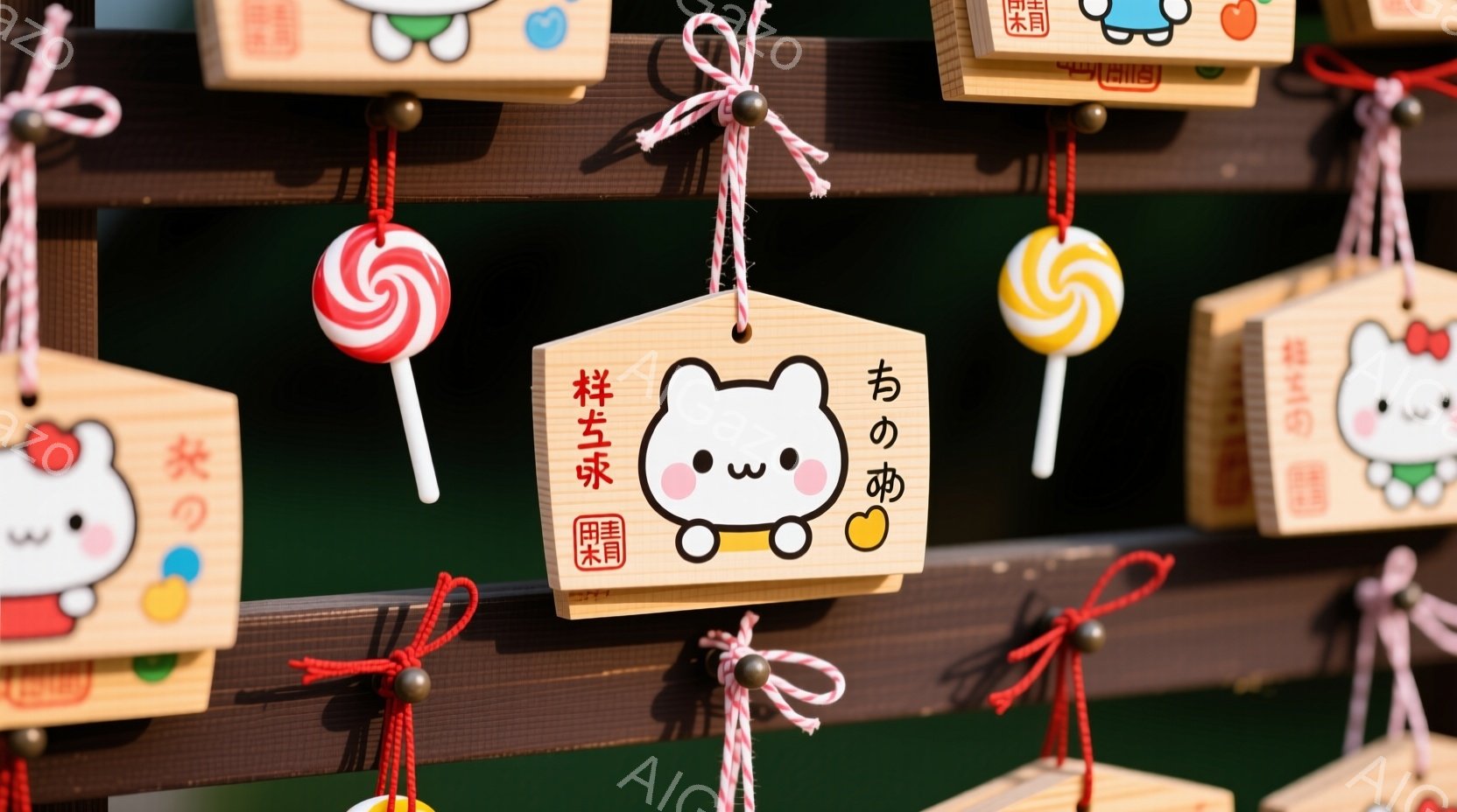 カラフルな絵馬が赤と白の紐で吊るされた様子を捉えています。各絵馬には可愛らしい猫のイラストと、それぞれ異なる文字が書かれており、キャンディのモチーフが紐に結び付けられています。背景は暗く、絵馬が密集しているため、お祭りや神社の雰囲気を感じさせ、暖かく可愛らしい雰囲気が漂っています。