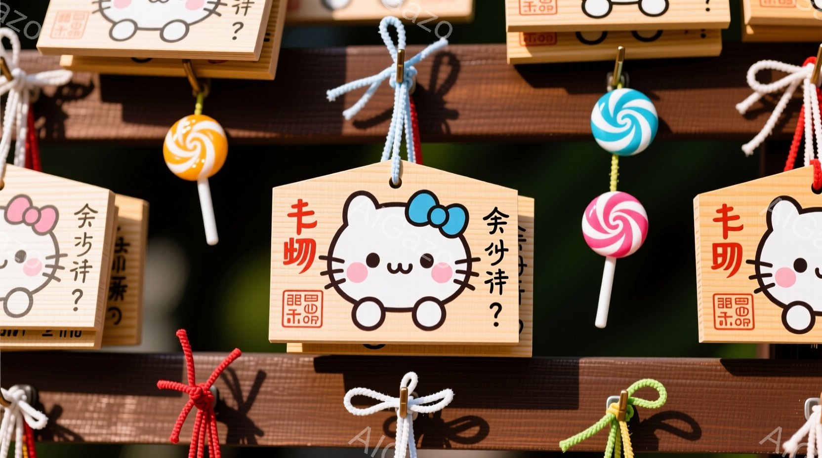 鮮やかな色の絵馬が密集して吊るされている様子が写っている。各絵馬には可愛らしい猫のイラストと「幸せ？」という文字が書かれており、カラフルなキャンディやリボン、蝶の飾り付けがされている。背景は緑豊かな自然で、お祭りのような賑やかで楽しい雰囲気が漂っている。