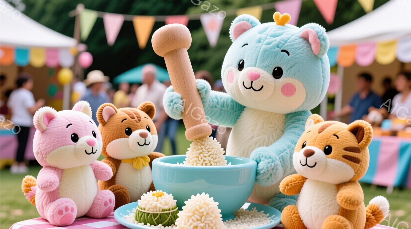 明るいピンク、茶色、水色のふわふわした動物のぬいぐるみがテーブルを囲んでいます。水色のクマのぬいぐるみは、ボウルの中で何かを混ぜている様子で、他のクマたちは楽しそうに見守っています。背景には、カラフル - AI生成フリー素材