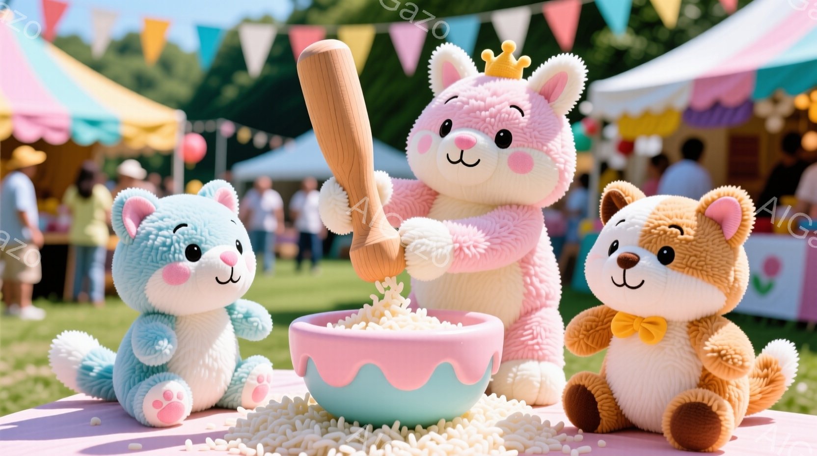 ふわふわのぬいぐるみたちが、ピンク色の大きなボウルに入ったお菓子を前に楽しそうにしています。ピンク色のウサギのぬいぐるみは王冠をかぶり、泡立て器を持っており、青い猫のぬいぐるみと茶色のクマのぬいぐるみ - AI生成フリー素材