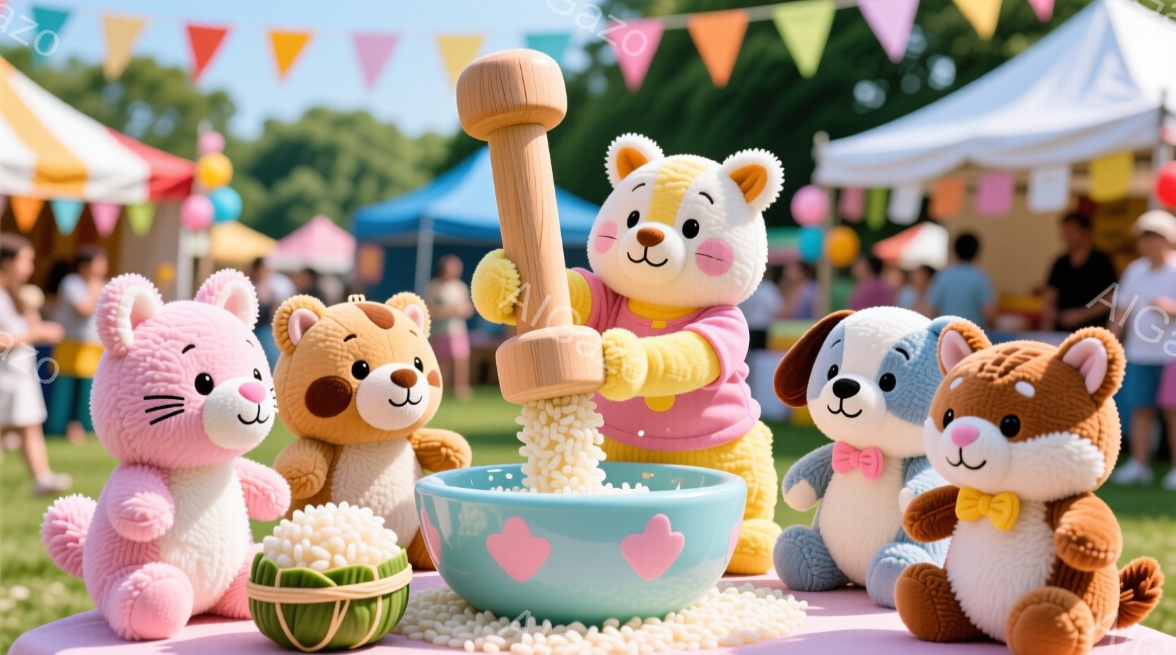 鮮やかなピンク色のテーブルの上に、動物を模した可愛らしいぬいぐるみが並んでいます。中央のクマのぬいぐるみはピンク色の服を着て、臼の中で餅つきをしているようなポーズをしています。背景には、青空の下、多く - AI生成フリー素材