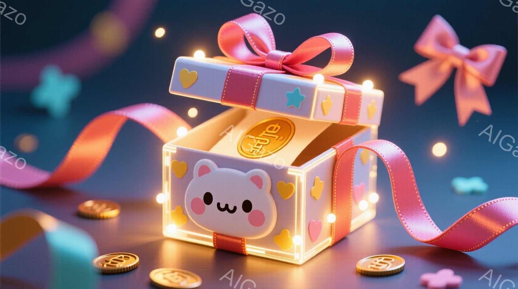 透明な立方体の箱が、ピンクのリボンで飾られ、金色のコインとハート型の紙吹雪に囲まれています。箱の中には、かわいらしい豚のキャラクターが描かれており、丸い目と小さな口で愛らしい表情をしています。背景は鮮 - AI生成フリー素材