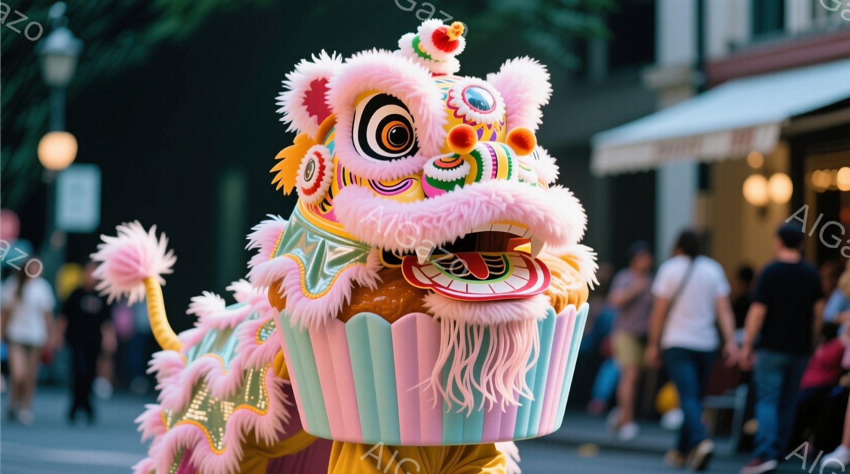 明るいピンク色の獅子舞の衣装を身につけた人物が写っている。衣装は、鮮やかなオレンジと金色の装飾が施されており、毛並みはふさふさとしている。背景には、ぼやけた人々の群衆と、西洋風の建物が見え、活気のあるお祭りのような雰囲気が漂っている。