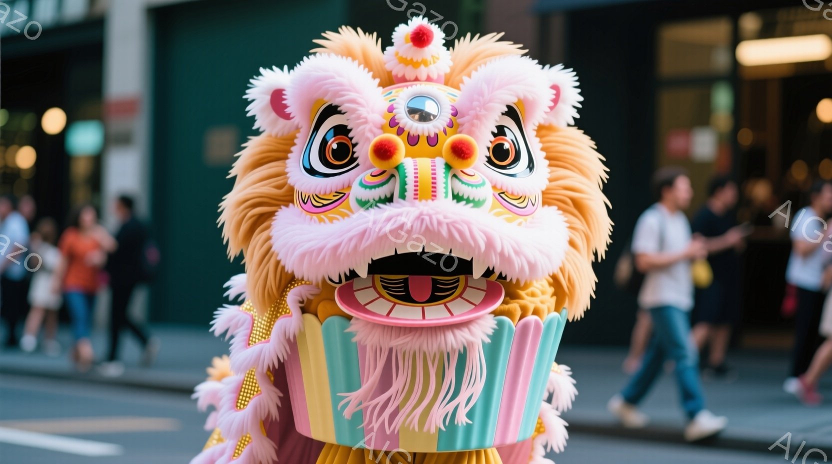 鮮やかなオレンジ色の獅子舞の衣装を身に着けた人物が、道路の中央に立っています。衣装はフリルやポンポンで飾られており、表情は大きく口を開けて楽しげです。背景には人々が歩き、建物が見え、晴天の下、賑やかなお祭りの雰囲気が漂っています。