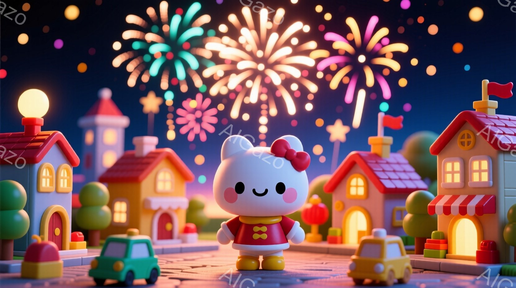 キティちゃんが可愛らしい赤いオーバーオールを着て、笑顔で立っています。背景には、カラフルな屋根の家々や車、そして夜空に咲く花火が描かれており、お祭りや祝祭の雰囲気が漂っています。全体的に暖かく、夢のような、そして遊び心のある世界観が表現されています。