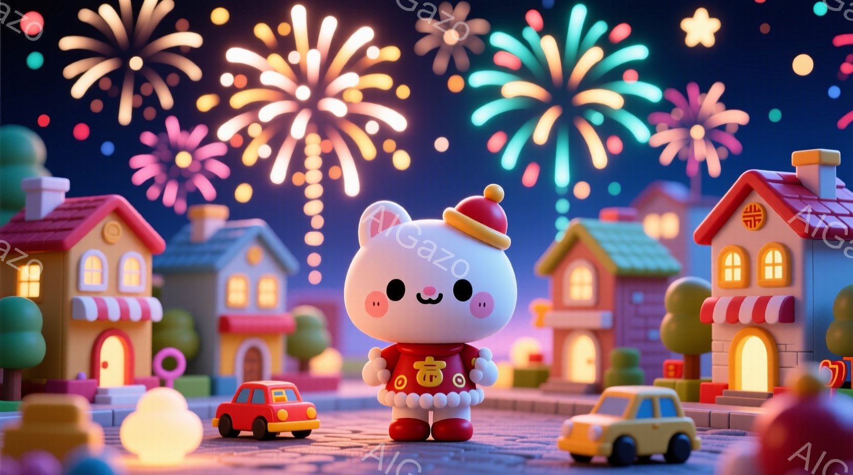 真っ白なウサギのキャラクターが、赤い衣装を身に着け、足元には金色のインゴットが並んでいます。背景にはカラフルな家々が並び、夜空には花火が打ち上げられています。全体的に可愛らしく、お祝いの雰囲気が漂う、 - AI生成フリー素材