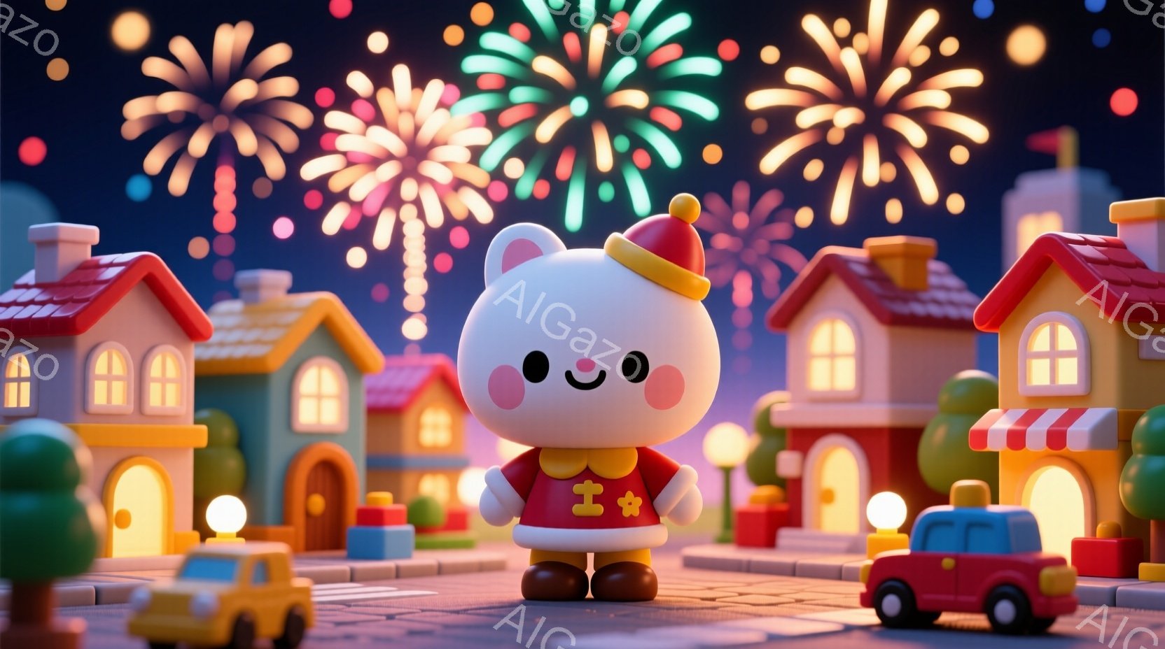 白くて丸いキャラクターが、赤い帽子と白い服を着て立っています。背景にはカラフルな建物が並び、夜空には花火が打ち上げられています。全体的に暖かく、お祝いのような、楽しい雰囲気です。