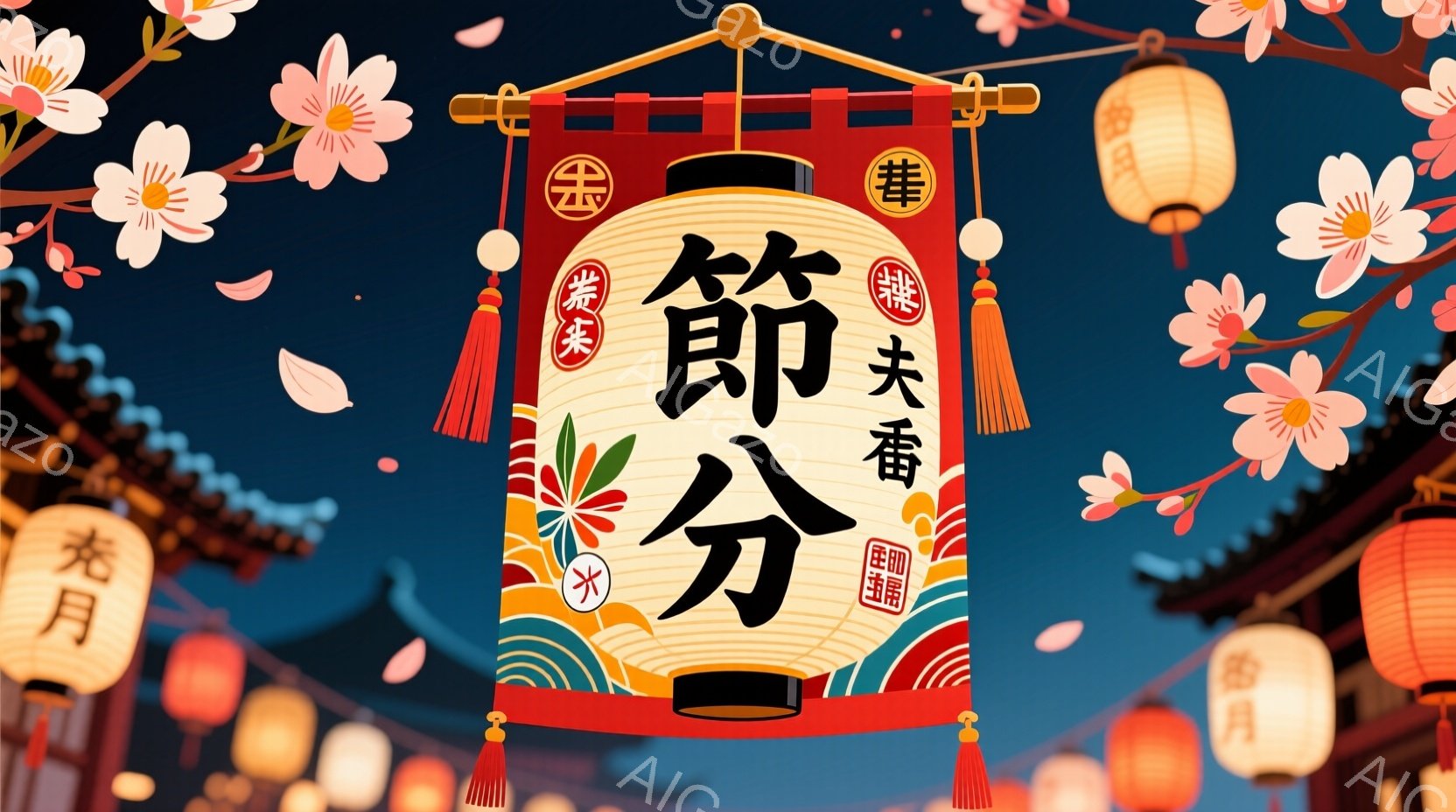 提灯や桜の花びらが舞う、夜の日本の街並みを背景に、「前分」と書かれた大きな横断幕を描いています。建物は伝統的な和風建築で、暗い青色の空に照らされ、暖かく幻想的な雰囲気を醸し出しています。提灯には様々な漢字が書かれており、お祭りの賑やかさを表しています。
