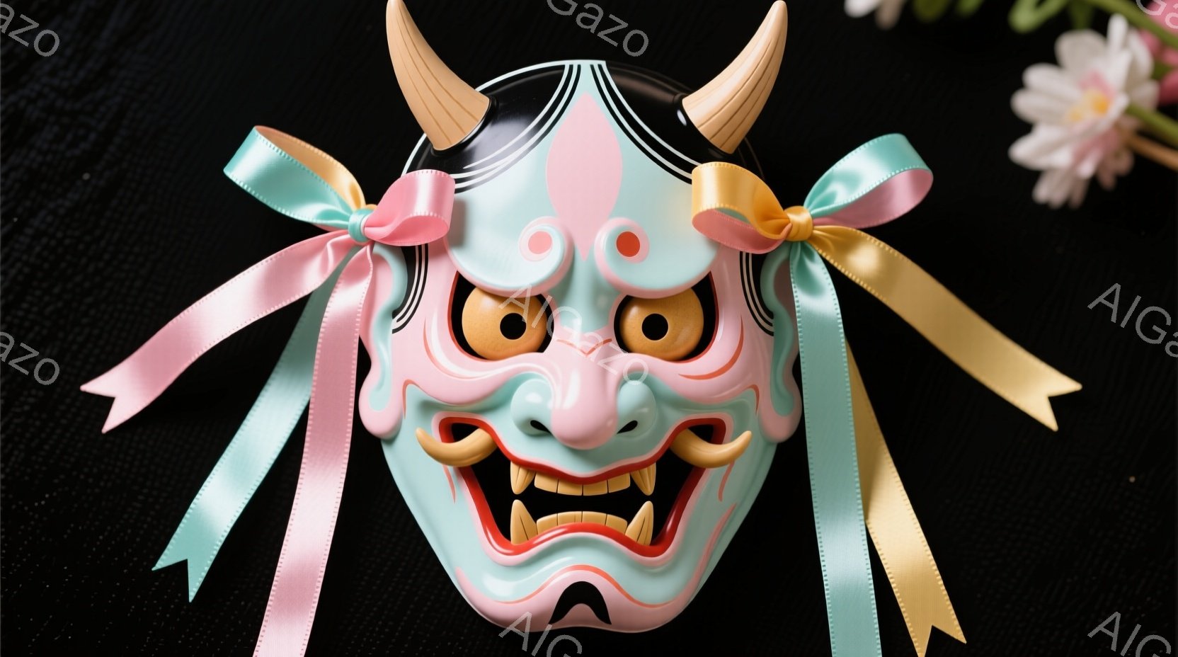 鮮やかなピンクとターコイズブルーの鬼面が、黒い背景に浮かび上がっています。鬼面の頭部には金色の角が付き、表情は大きく口を開けて牙をむき出しにした恐ろしいものです。ピンク、水色、金色のリボンが鬼面の両側から放射状に伸びており、背景にはぼやけたピンク色の花が見えます。
