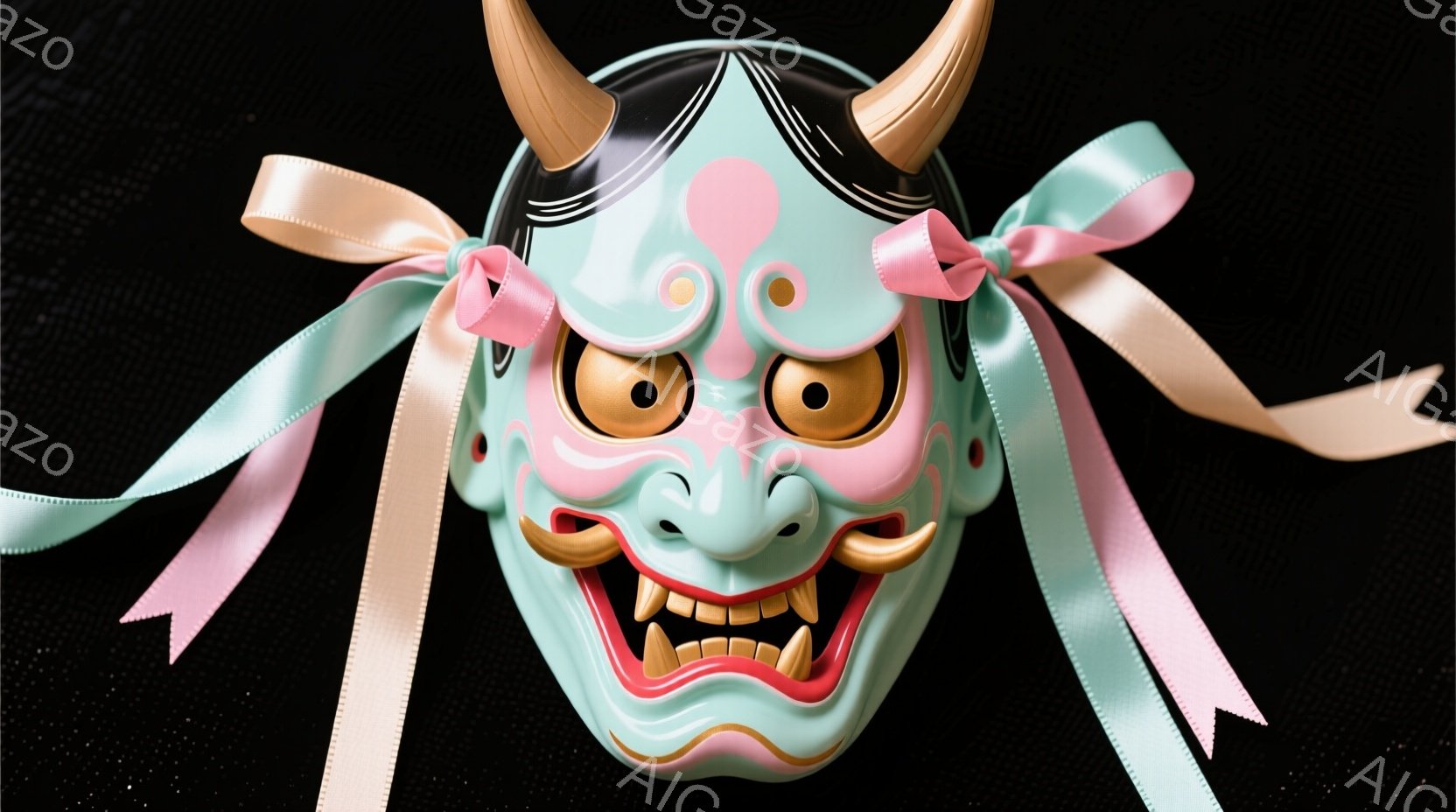 鮮やかな水色の能面が、黒い背景に浮かび上がっている。目は大きく、金色で鋭く、口は大きく開いて牙をむき出し、激しい表情を表現している。ピンクのリボンが面の両側から伸び、全体的に力強くもどこか幻想的な雰囲 - AI生成フリー素材