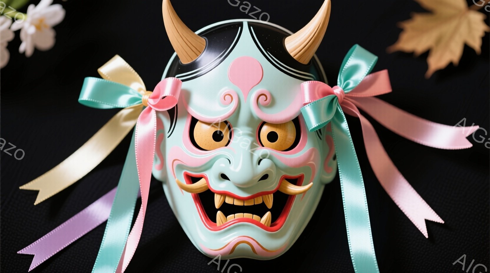 黒い背景に、鮮やかな色彩の鬼の面が置かれています。面は白、ピンク、水色、金色で彩られ、鋭い牙と力強い眉が特徴的です。面の両脇には、ピンク、水色、黄色のリボンが結ばれており、背景にはわずかに花と枯葉が見えます。