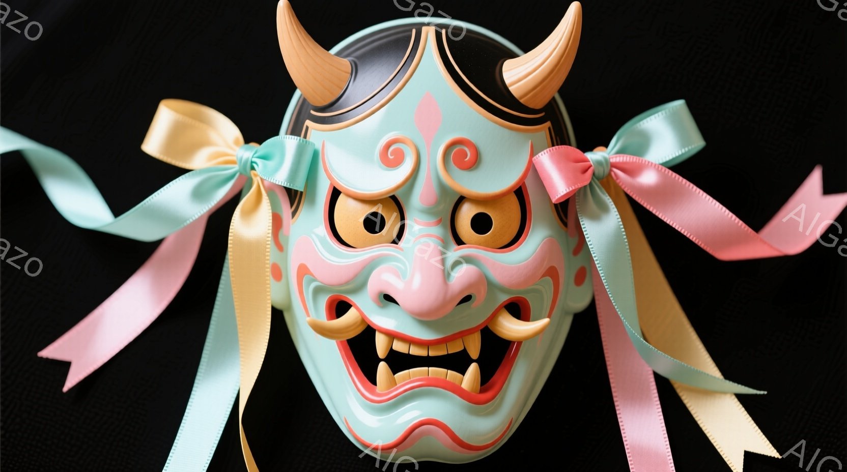 黒い背景に、色鮮やかな能面が正面から捉えられています。緑色の肌に、赤い唇と白い歯が際立ち、鋭い眼差しと大きく開いた口が特徴的です。面には金色の角がついており、ピンクと黄色のリボンが左右に結び付けられて、華やかさを添えています。