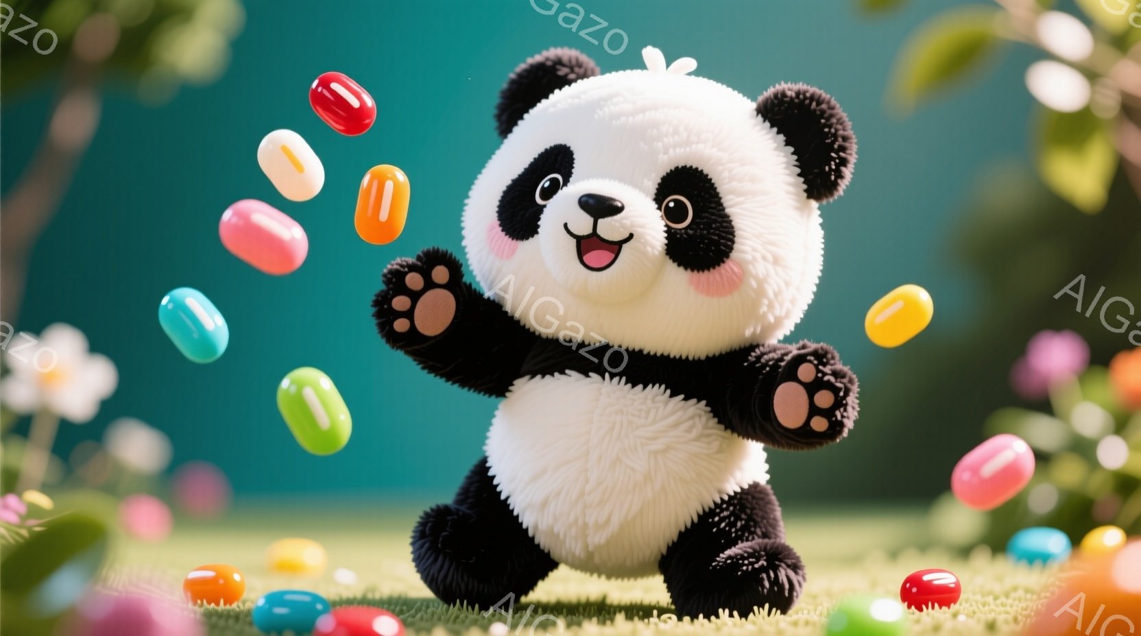 白と黒のパンダが、緑の草の上でカラフルなキャンディーに囲まれて立っています。パンダは笑顔で両手を広げ、キャンディーが空中に舞い上がっています。背景には、ぼやけた花々が見え、明るく陽気な雰囲気を醸し出し - AI生成フリー素材