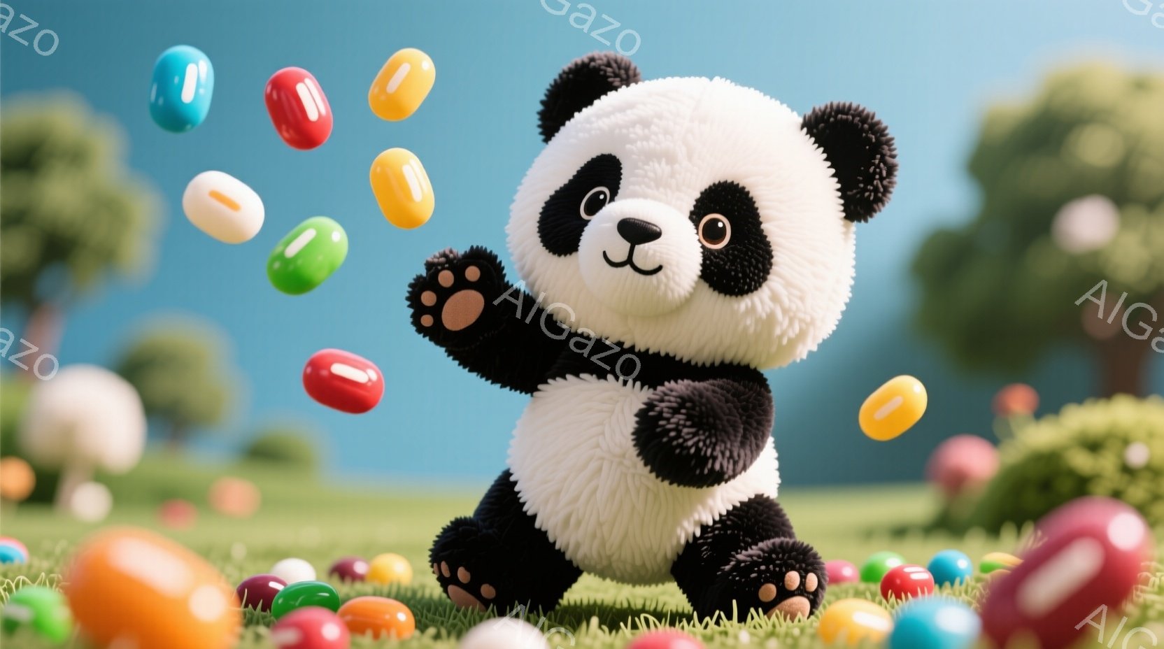 白と黒のパンダが、緑の芝生の上で、色とりどりの豆のようなお菓子に囲まれ、片手を上げて楽しそうにしています。背景には、ぼやけた緑の植物と青い空が広がり、全体的に明るく、かわいらしい雰囲気です。パンダの表 - AI生成フリー素材