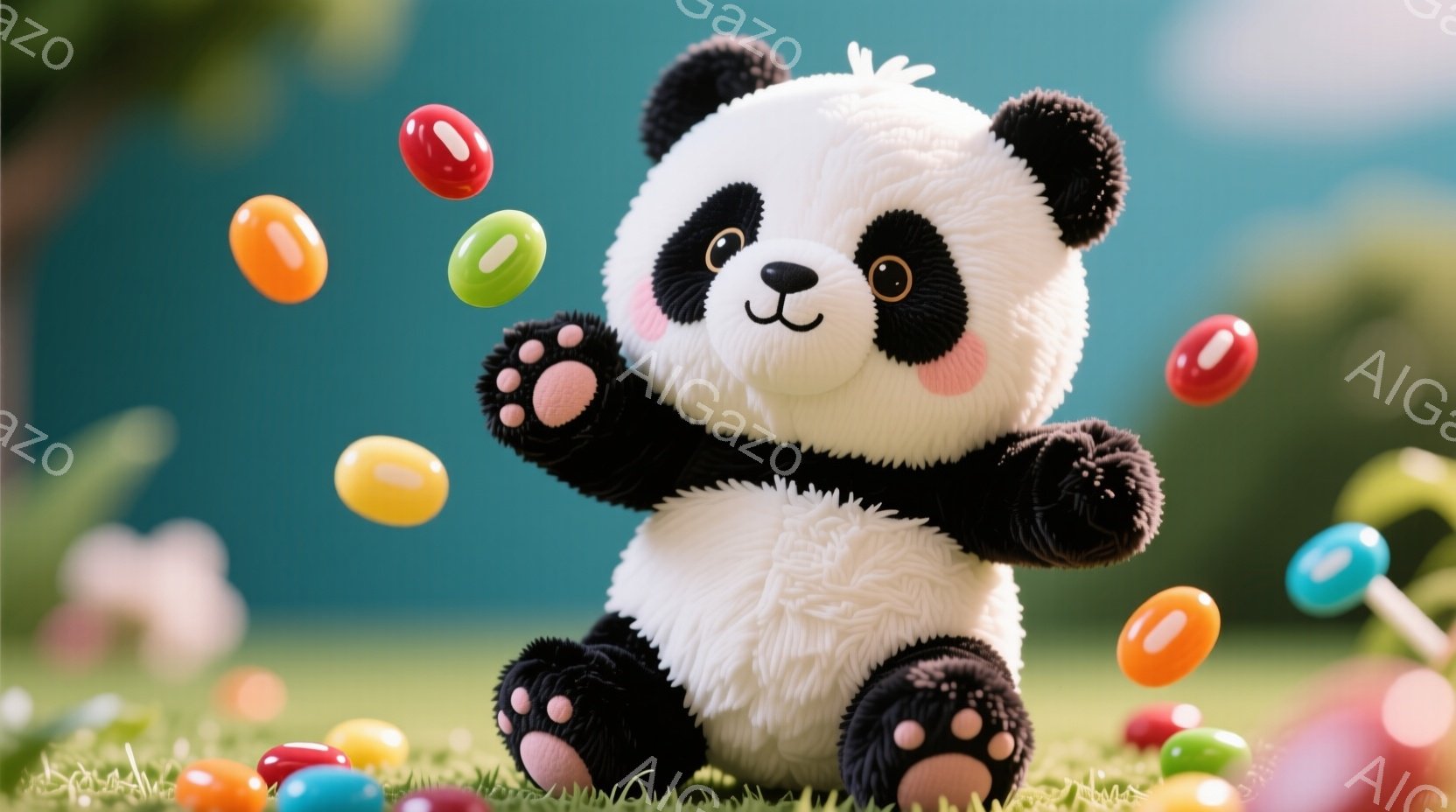 ふわふわのパンダのぬいぐるみは、緑の草の上に座って、カラフルなジェリービーンズに囲まれています。パンダは両手を上げて喜びを表し、丸くて可愛らしい顔にはピンクのチークが施されています。背景はぼやけた緑色 - AI生成フリー素材