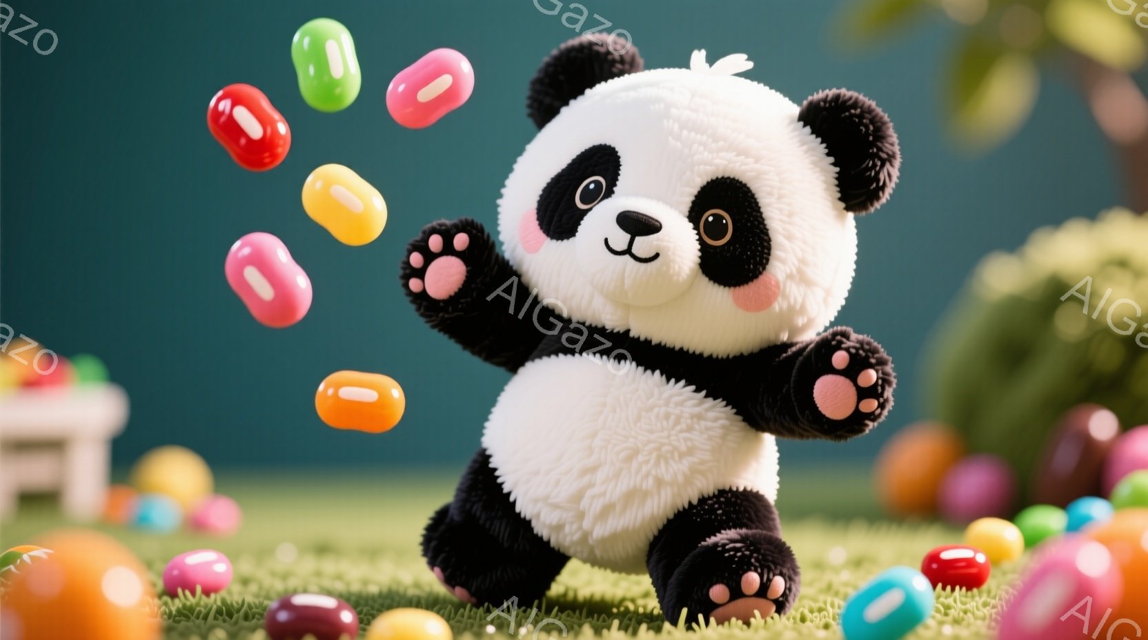 白と黒のパンダが、緑の芝生の上でカラフルな豆のようなお菓子に囲まれて立っています。パンダは両手を広げ、お菓子が空中に舞っている様子で、楽しそうな表情をしています。背景には、ぼやけた緑色の植物があり、全 - AI生成フリー素材