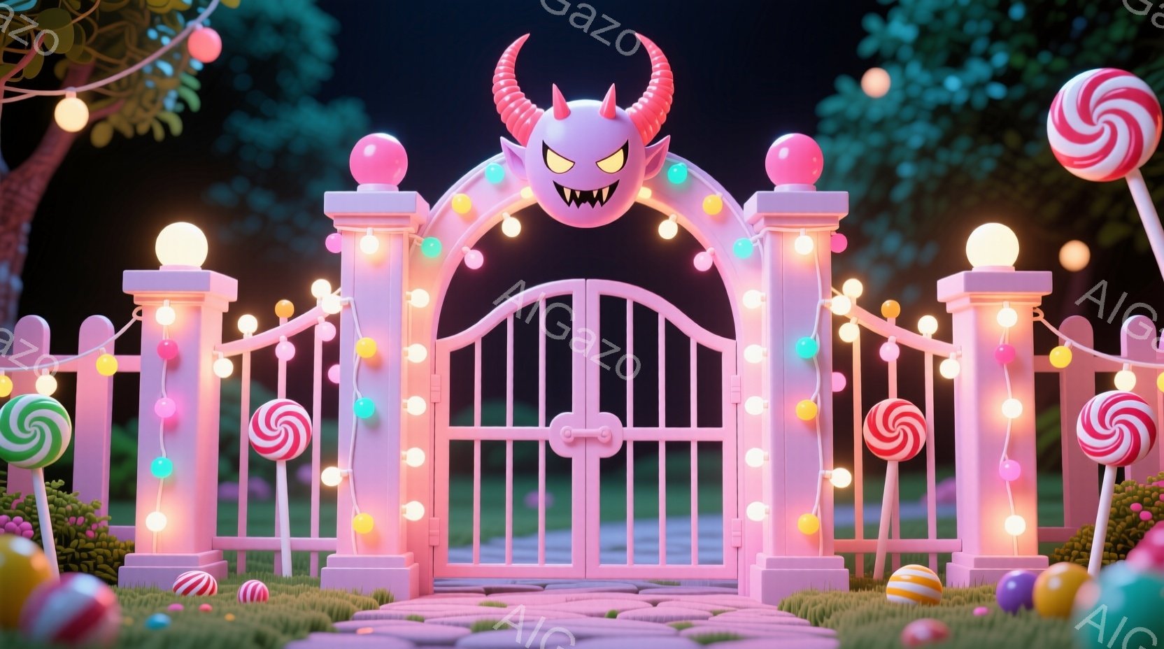 ピンク色の可愛らしい門が、キャンディやカラフルな球体で飾られています。門の上部には、いたずらっぽい表情の悪魔の顔が取り付けられており、門全体が夜間にライトアップされ、お祭りや遊園地のような楽しげな雰囲 - AI生成フリー素材