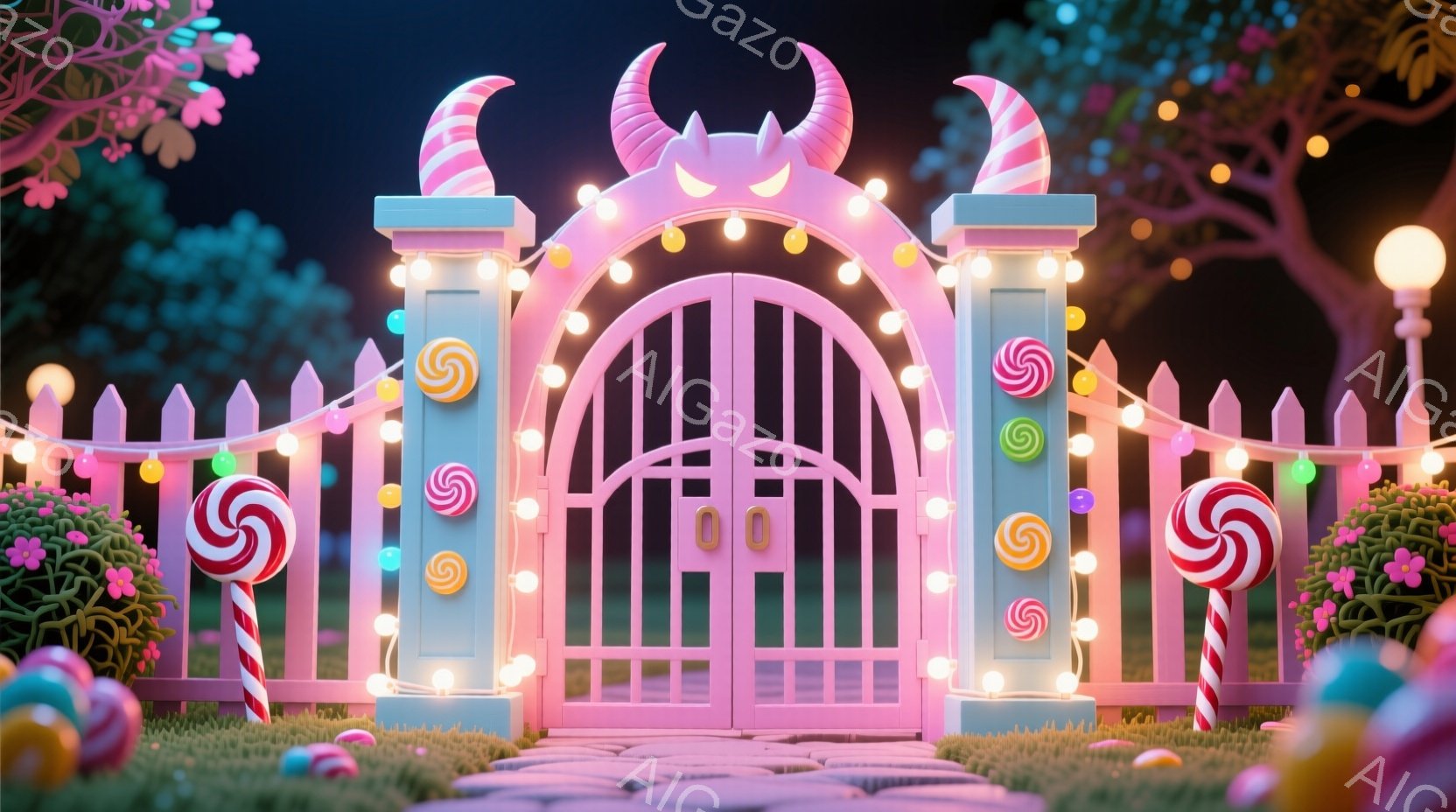 明るいピンク色のキャンディ風の門を描写しています。門はねじれたキャンディとライトで飾られ、明るい夜の背景に映えています。門の周りには、カラフルなキャンディと手入れの行き届いた緑の茂みが点在し、夢のよう - AI生成フリー素材