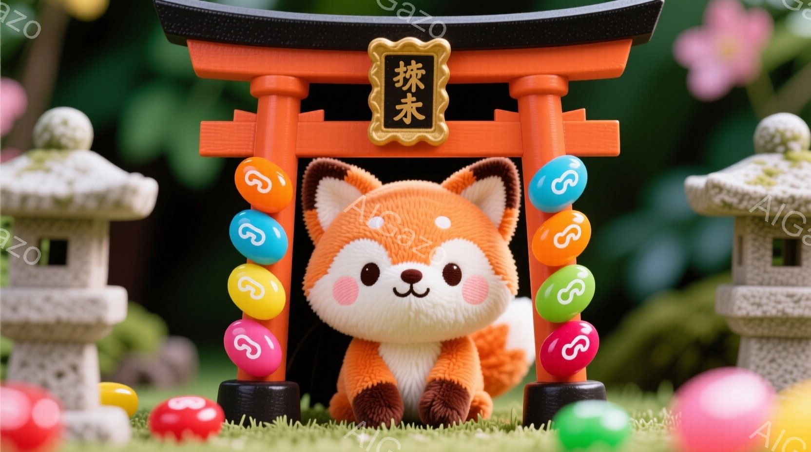 キツネのキャラクターが、小さな鳥居の下に座っています。周りにはカラフルなキャンディのような玉が散りばめられ、背景には緑豊かな植物と石灯籠が見えます。全体的に可愛らしい雰囲気で、お菓子のような世界観が表現されています。