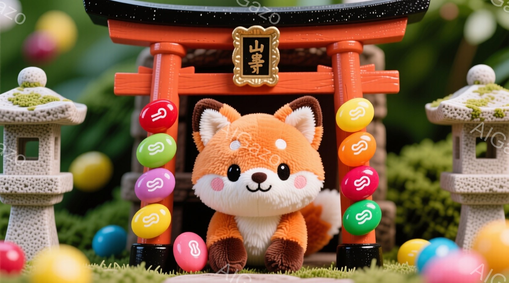 鮮やかな緑の芝生の上に、可愛らしいオレンジ色のキツネのぬいぐるみが座っています。キツネは丸い顔で、つぶらな瞳と小さな鼻が特徴的で、穏やかな表情を浮かべています。背景には、赤い鳥居と石灯籠があり、カラフルな卵が散りばめられており、春の穏やかな祭りのような雰囲気を醸し出しています。