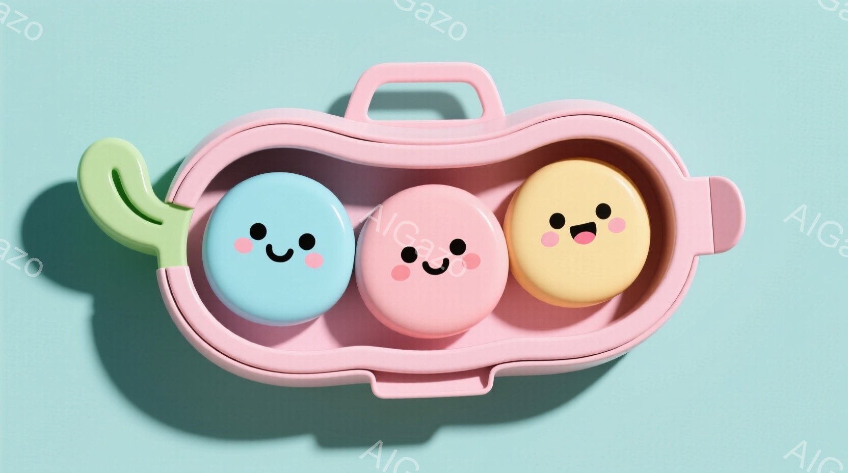 明るい水色の背景に、ピンク色の弁当箱が置かれています。弁当箱の中には、水色、ピンク、黄色の丸いキャラクターが寄り添うように並んでおり、それぞれ笑顔の表情をしています。全体的に、可愛らしく、明るい雰囲気 - AI生成フリー素材