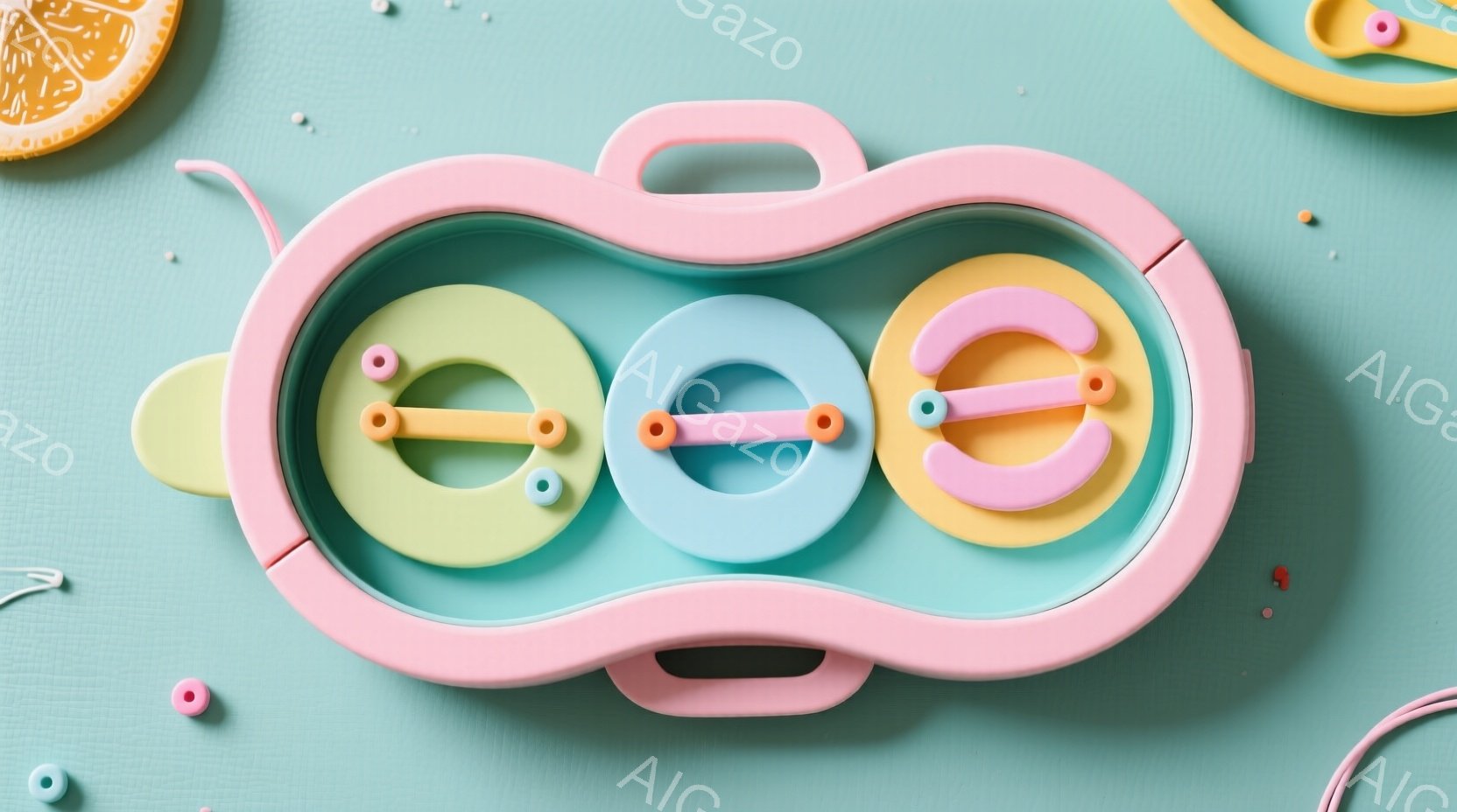 明るい水色の背景に、パステルピンク、水色、パステルイエローの円形の積み重ねられたおもちゃが配置されています。おもちゃは連なるように並んでおり、それぞれ中心に小さな棒が通っています。背景には、ビーズやピンク色の糸が散らばっており、遊び心のある雰囲気を作り出しています。